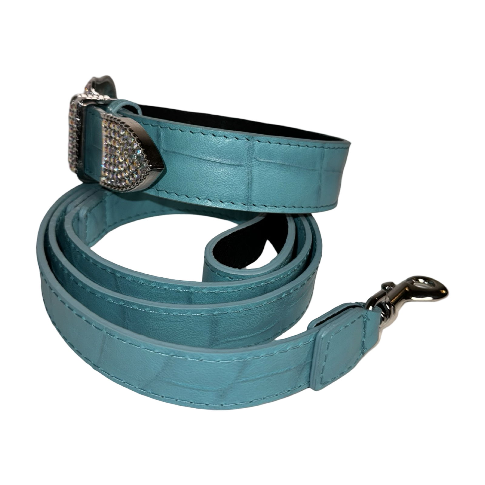 The Tiffany Collection. Gorgeous Turquoise Blue Embossed Croc Italian Leather Collar & Leash Set, With Our Custom Swarovski Crystal Hardware