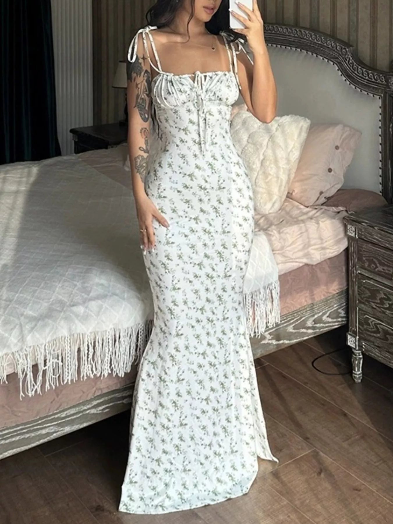 Floral Print Tie Strap Bodycon Maxi Dress