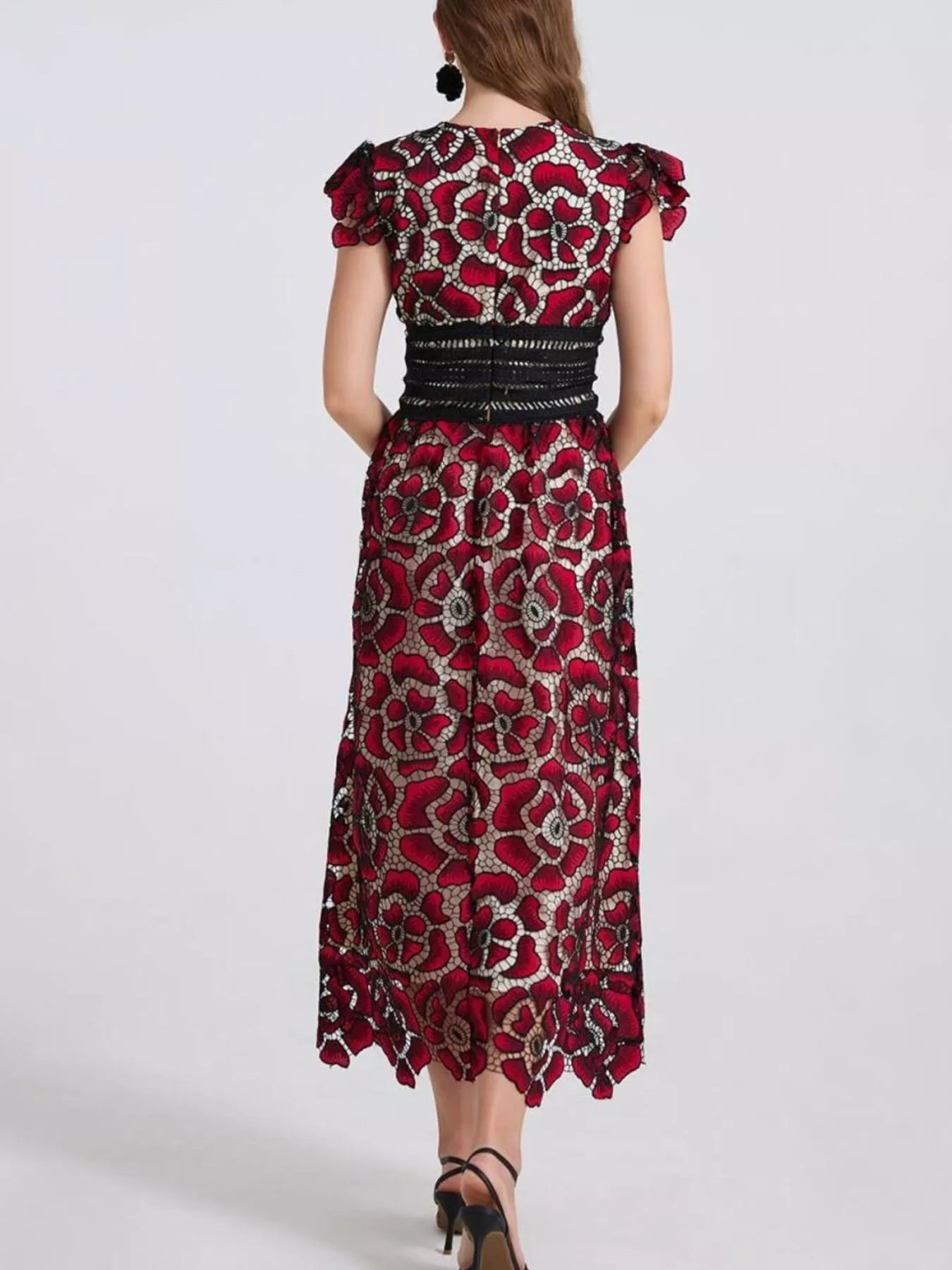 Printed V-Neck Ruffle Sleeve Midi Dress