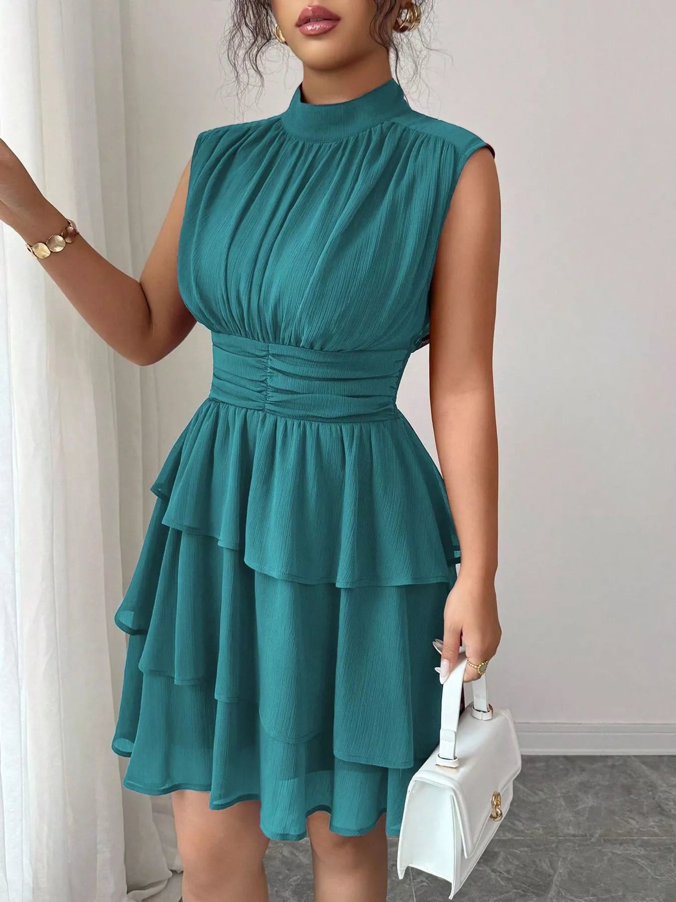 Sleeveless Mock Neck Layered Ruffle Dress