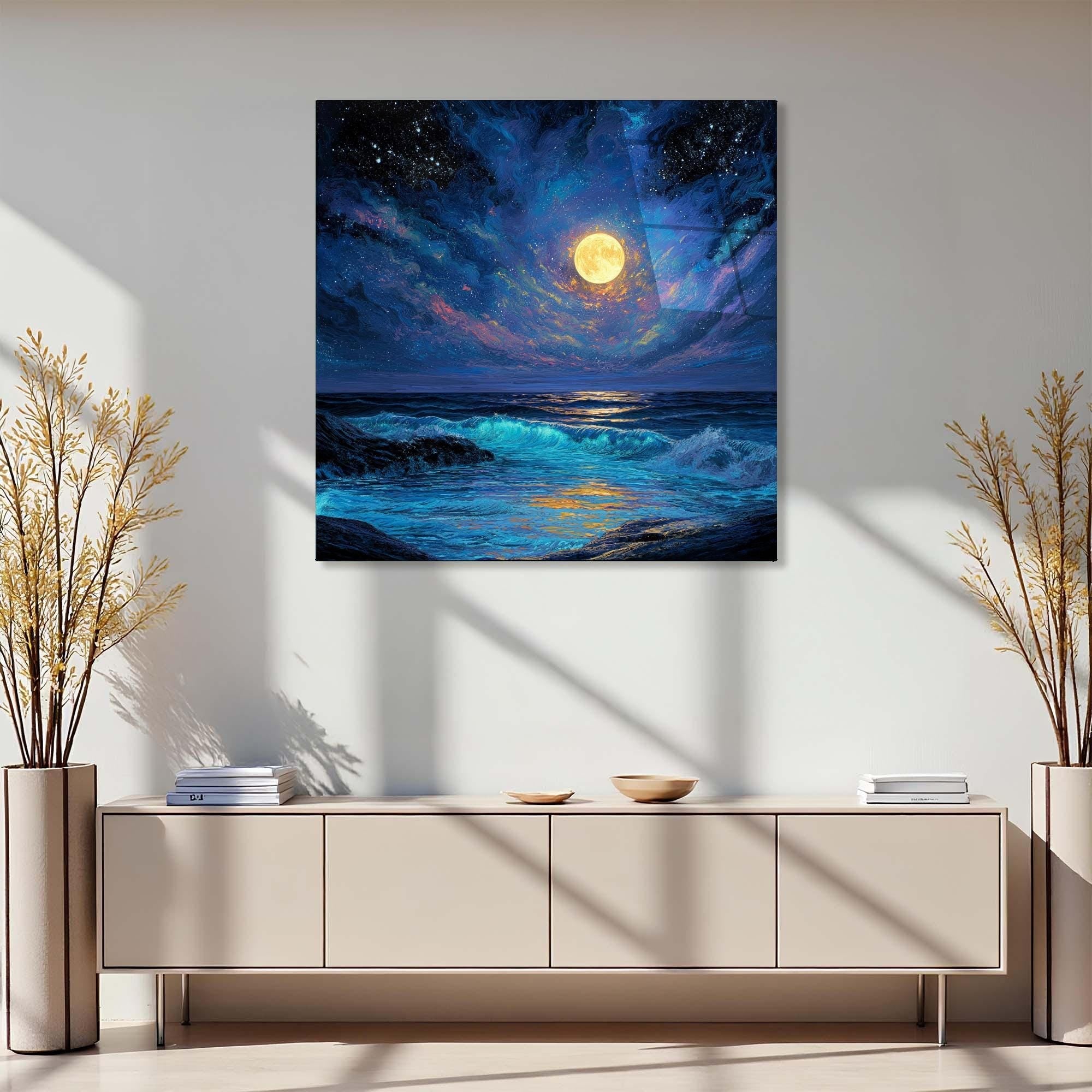 Moonlit Ocean Tempered Glass Wall Art | Coastal Living Room Decor