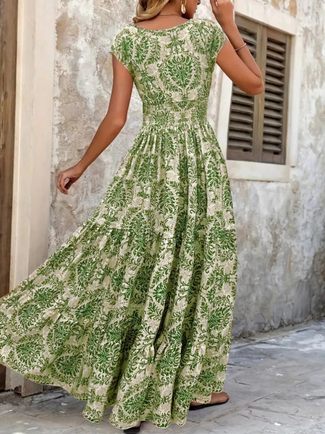 Full Size Printed V-Neck Tiered Maxi Dress Plus Size