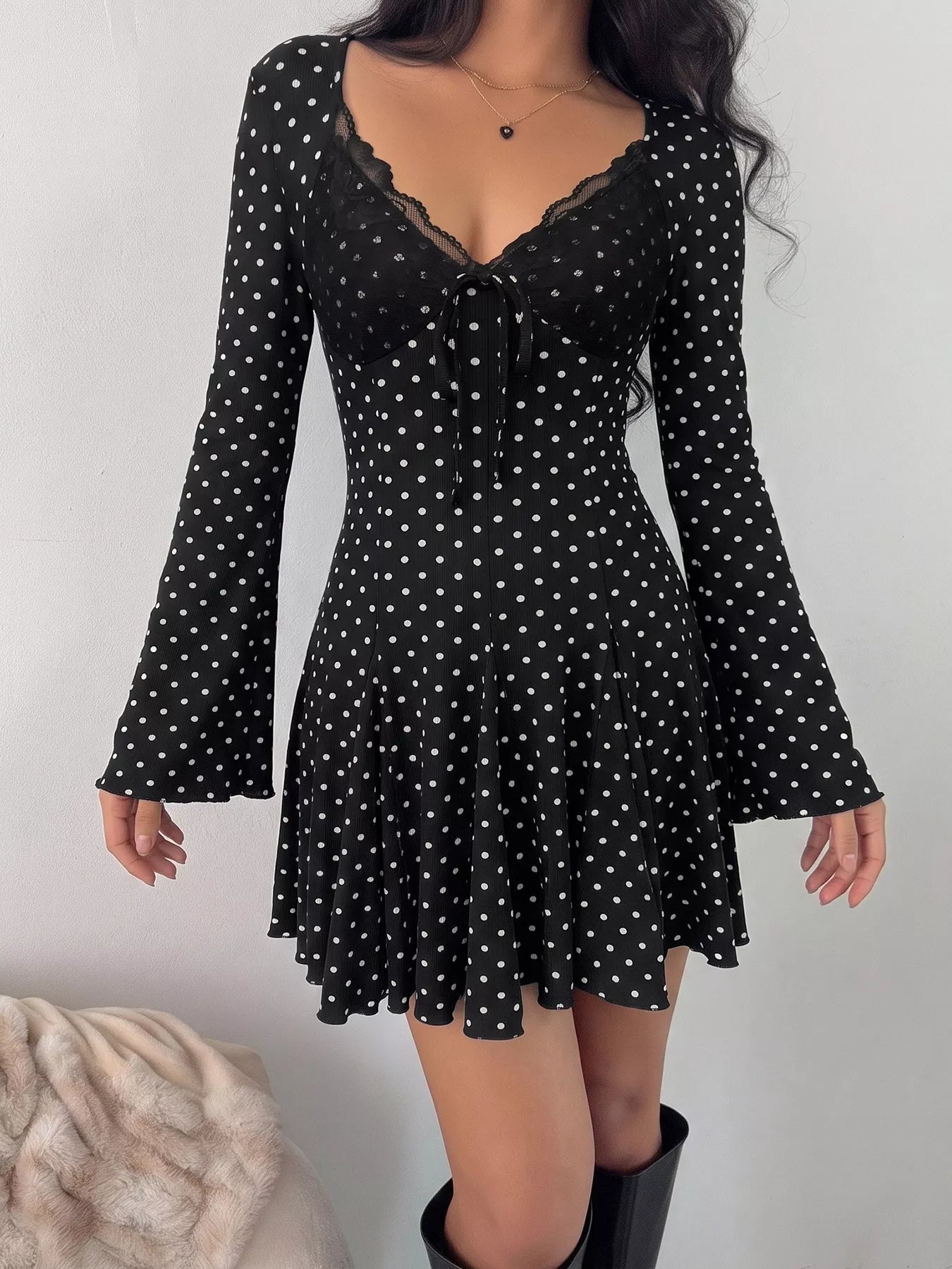 Polka Dot Lace Trimmed V-Neck Mini Dress