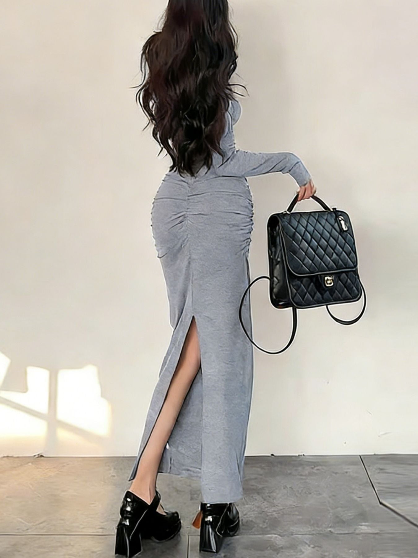Slit Long Sleeve Bodycon Maxi Dress