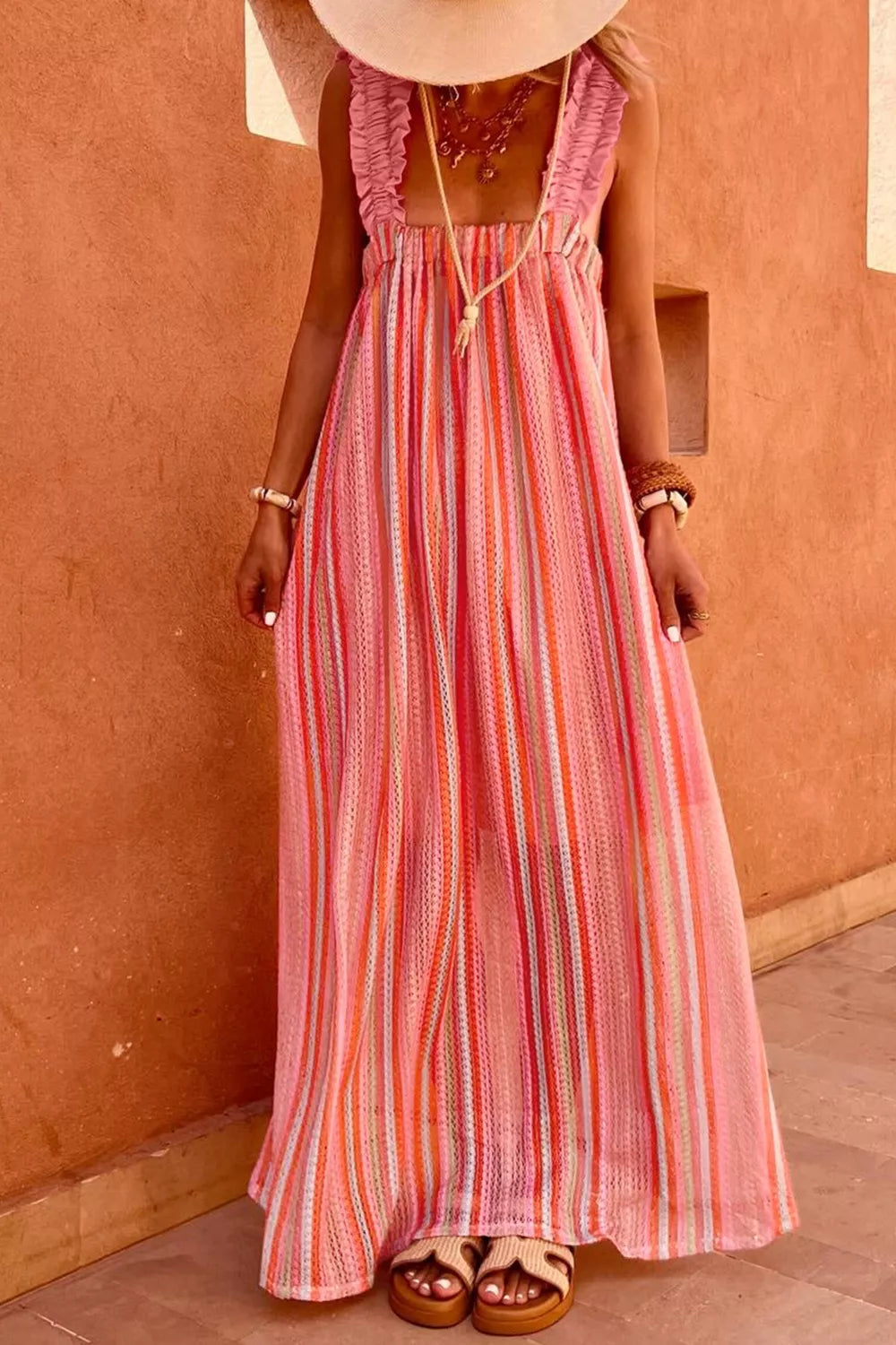 Stripe Ruffled Straps Ribbon Knot Flowy Vacation Maxi Dress