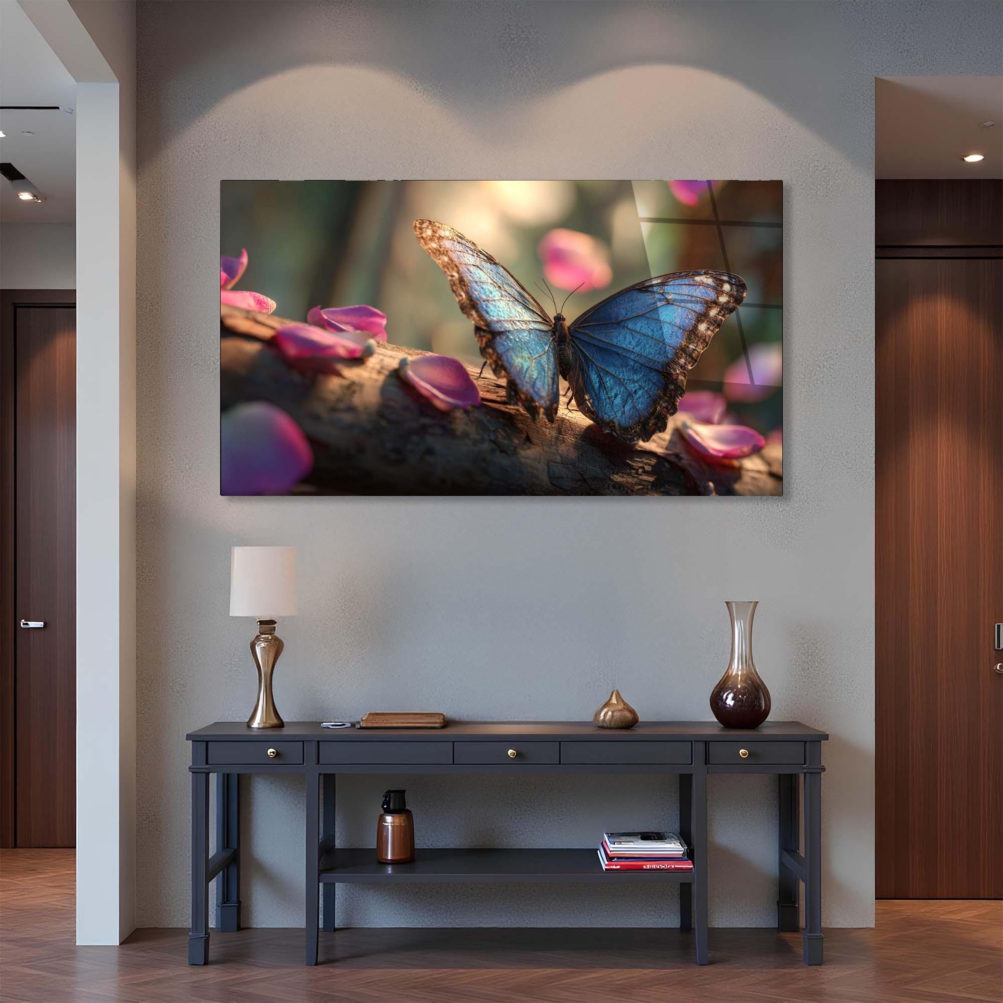 Blue Butterfly Tempered Glass Wall Art | Modern Nature Home Decor