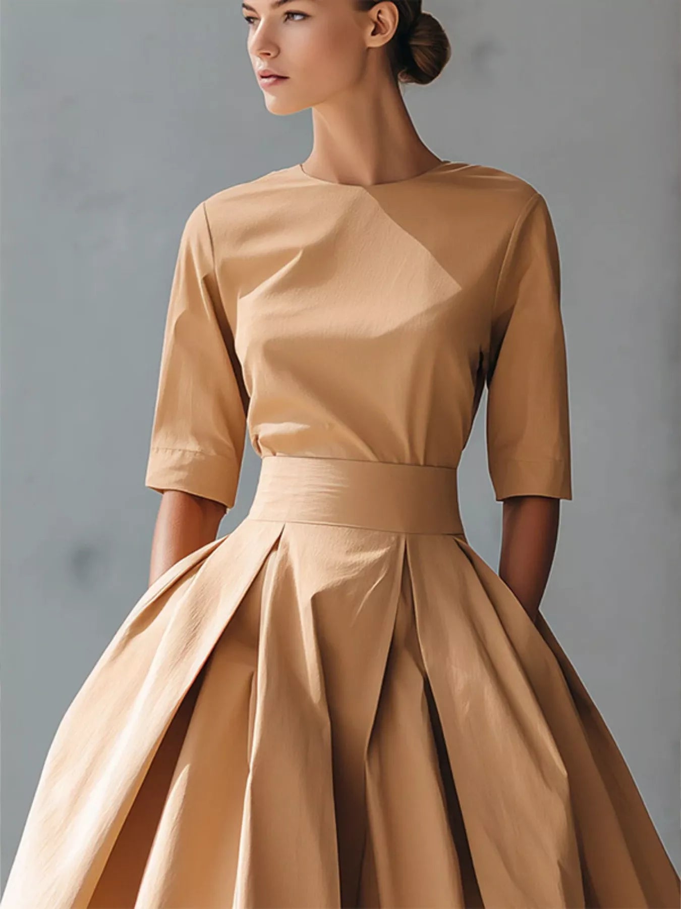 Round Neck A-Line Midi Dress