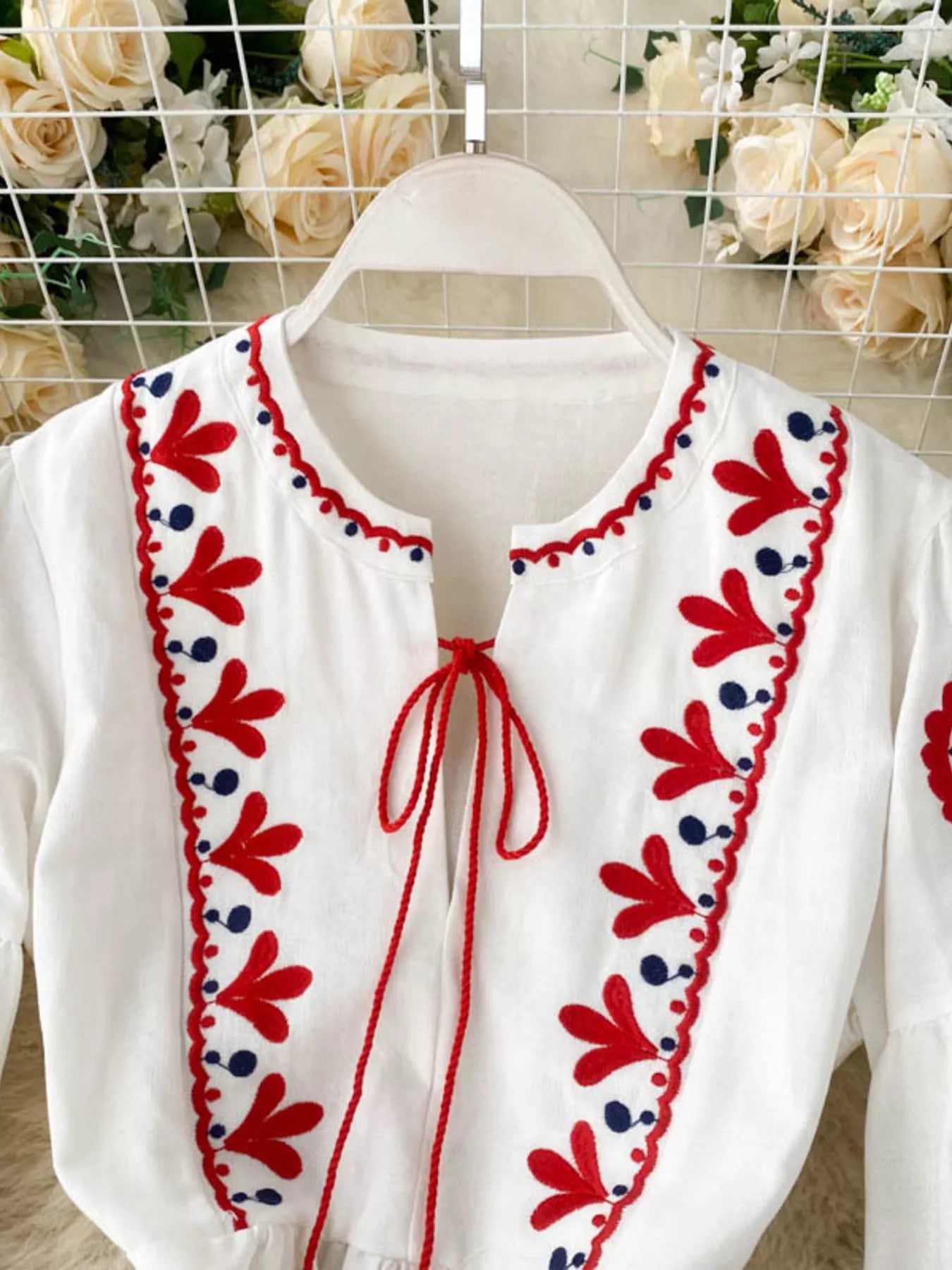 Embroidered Tie Neck Long Sleeve Dress