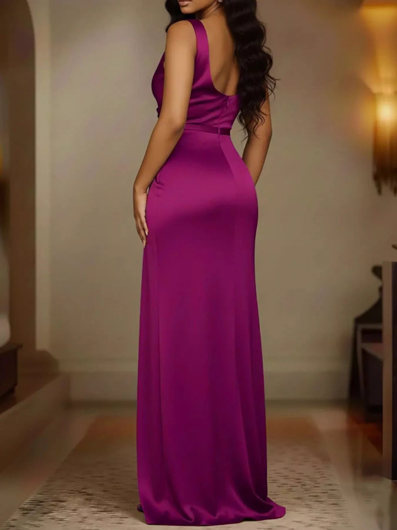Full Size Satin Cowl Neck High Slit Maxi Dress Plus Size