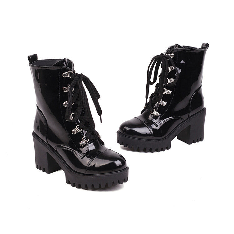 Patent Leather Chunky-heel Riding Boots With A Thick Sole Front
