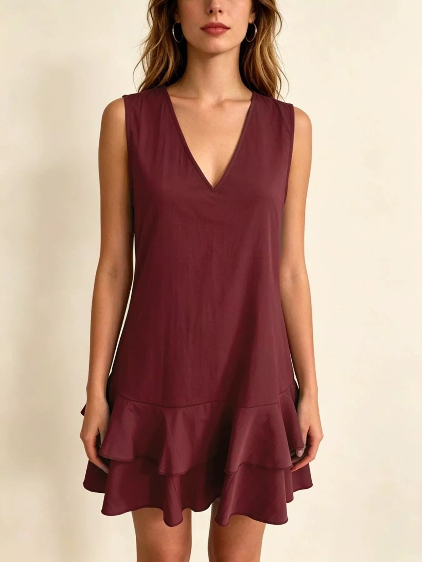 Full Size Sleeveless V-Neck Tiered Ruffle Mini Dress Plus Size