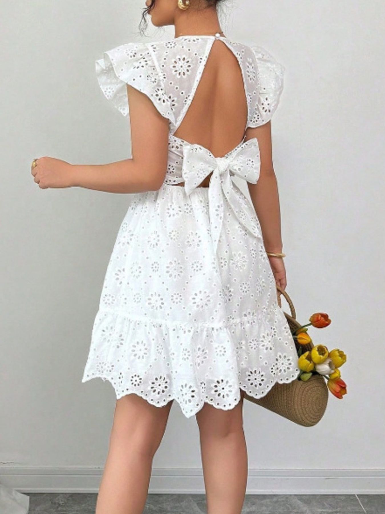 Eyelet Ruffle Sleeve Mini Dress
