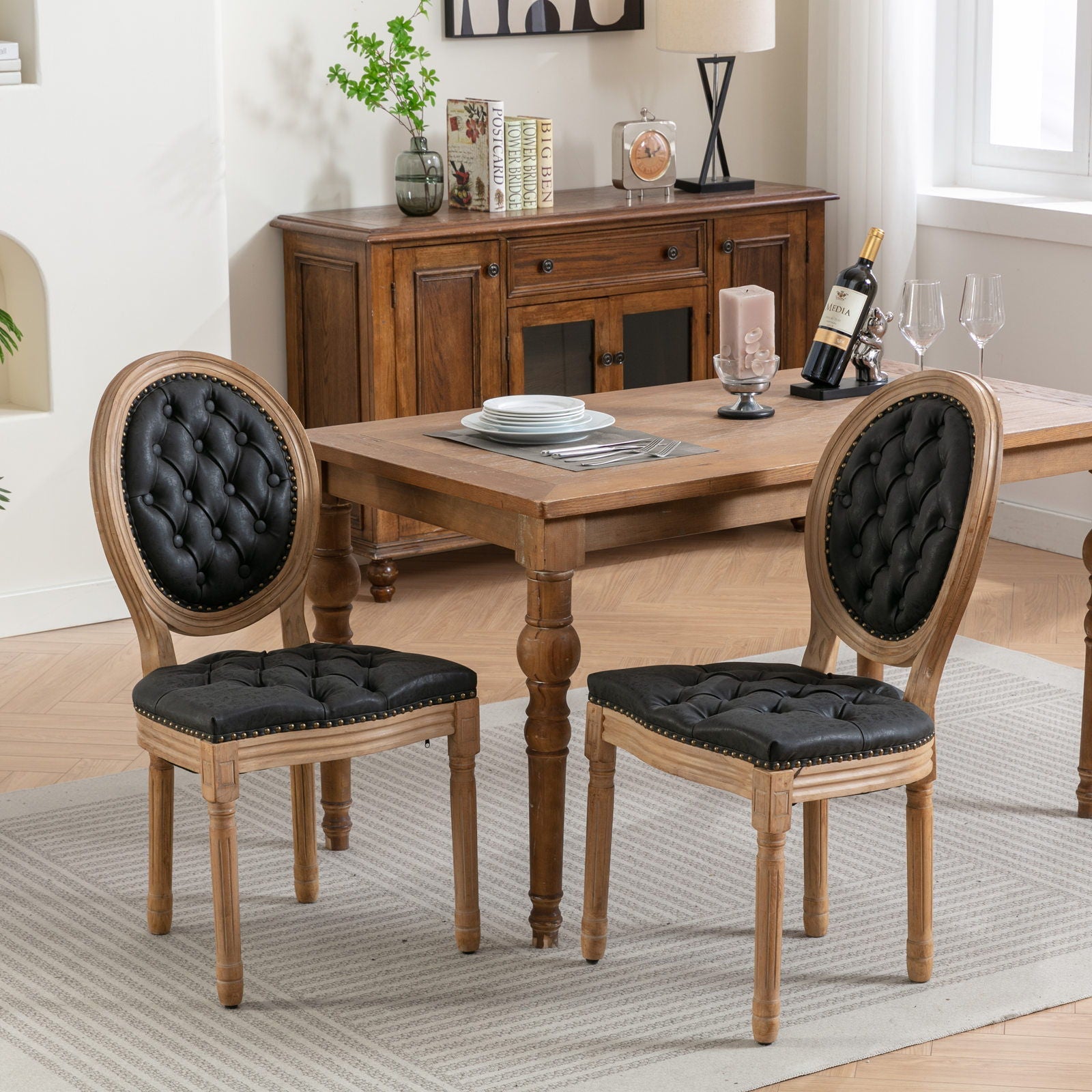 French Style Solid Wood Frame Antique Painting, Hand-Pulled Buckle Decoration Artificial Dining Chair With Nailhead Trim, Wood Legs