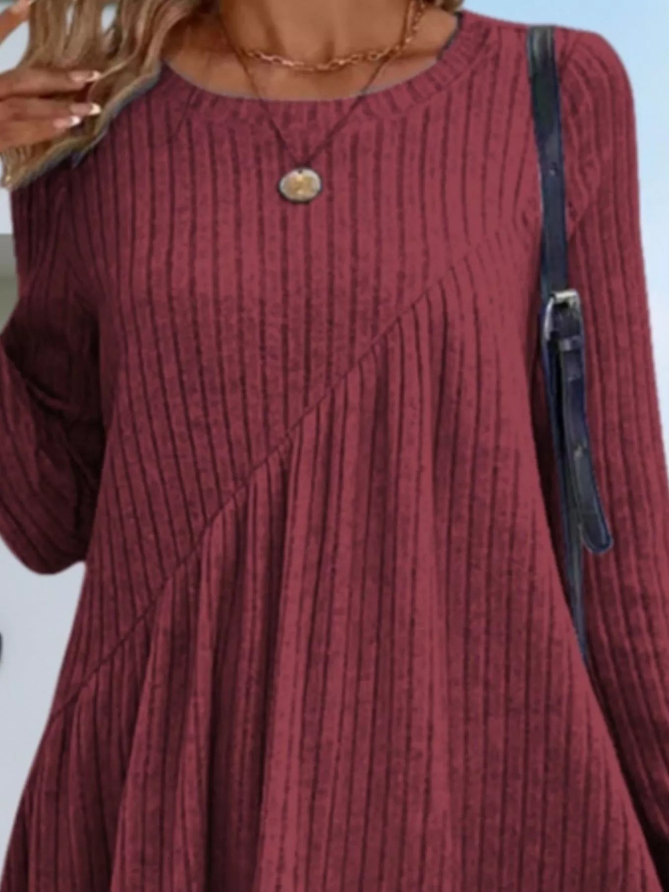 Casual Ribbed Knit Long Sleeve Swing Dress