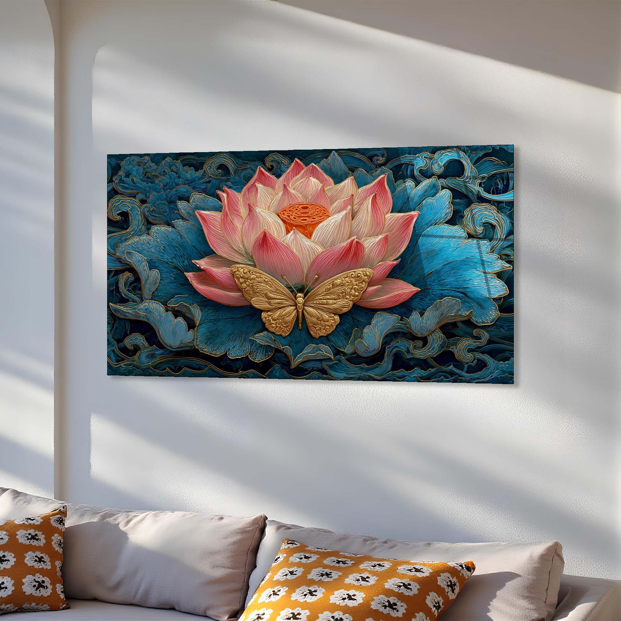Lotus Butterfly Tempered Glass Wall Art | Asian Inspired Décor