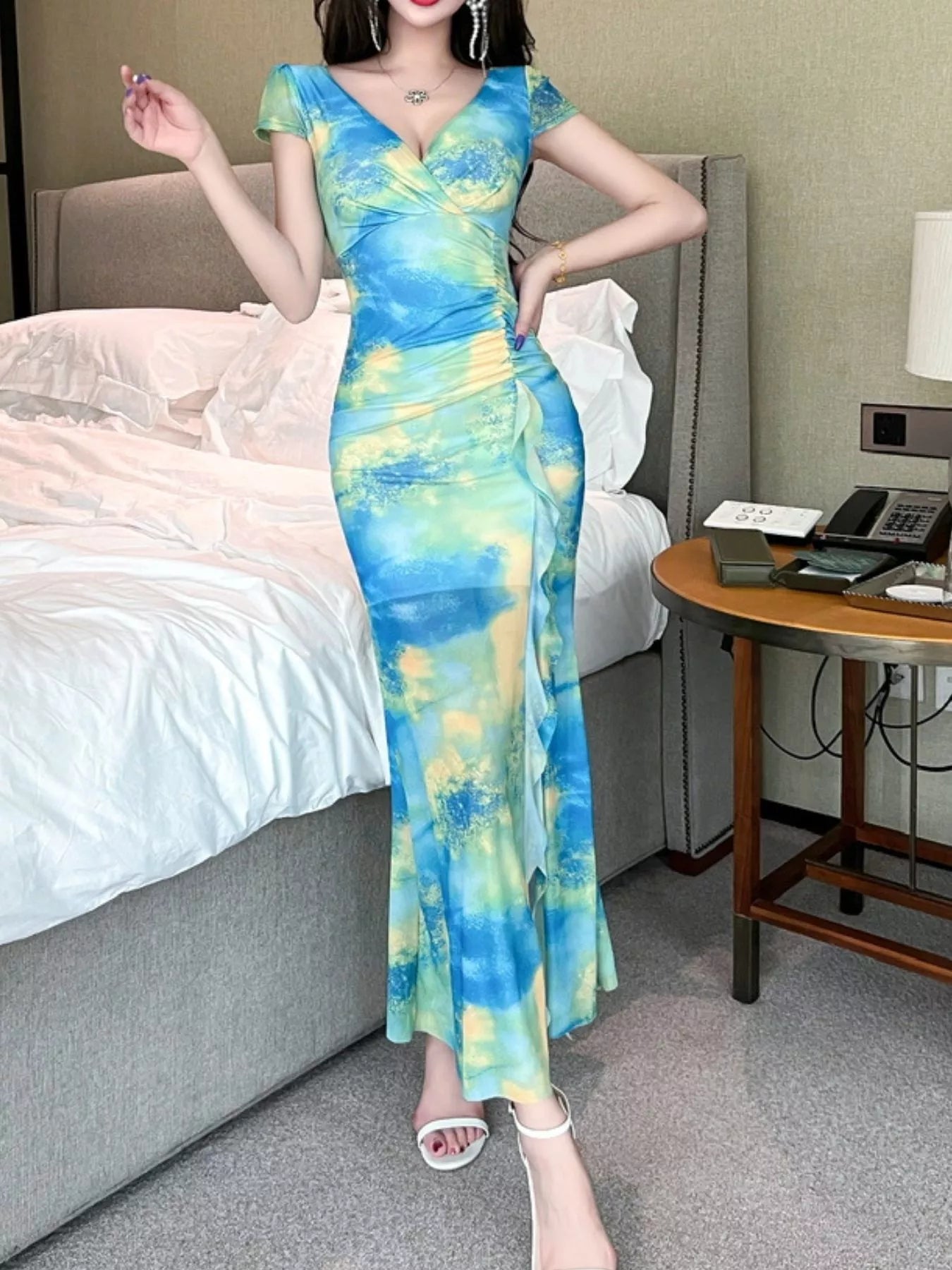 Tie-Dye Surplice Ruffle Slit Dress