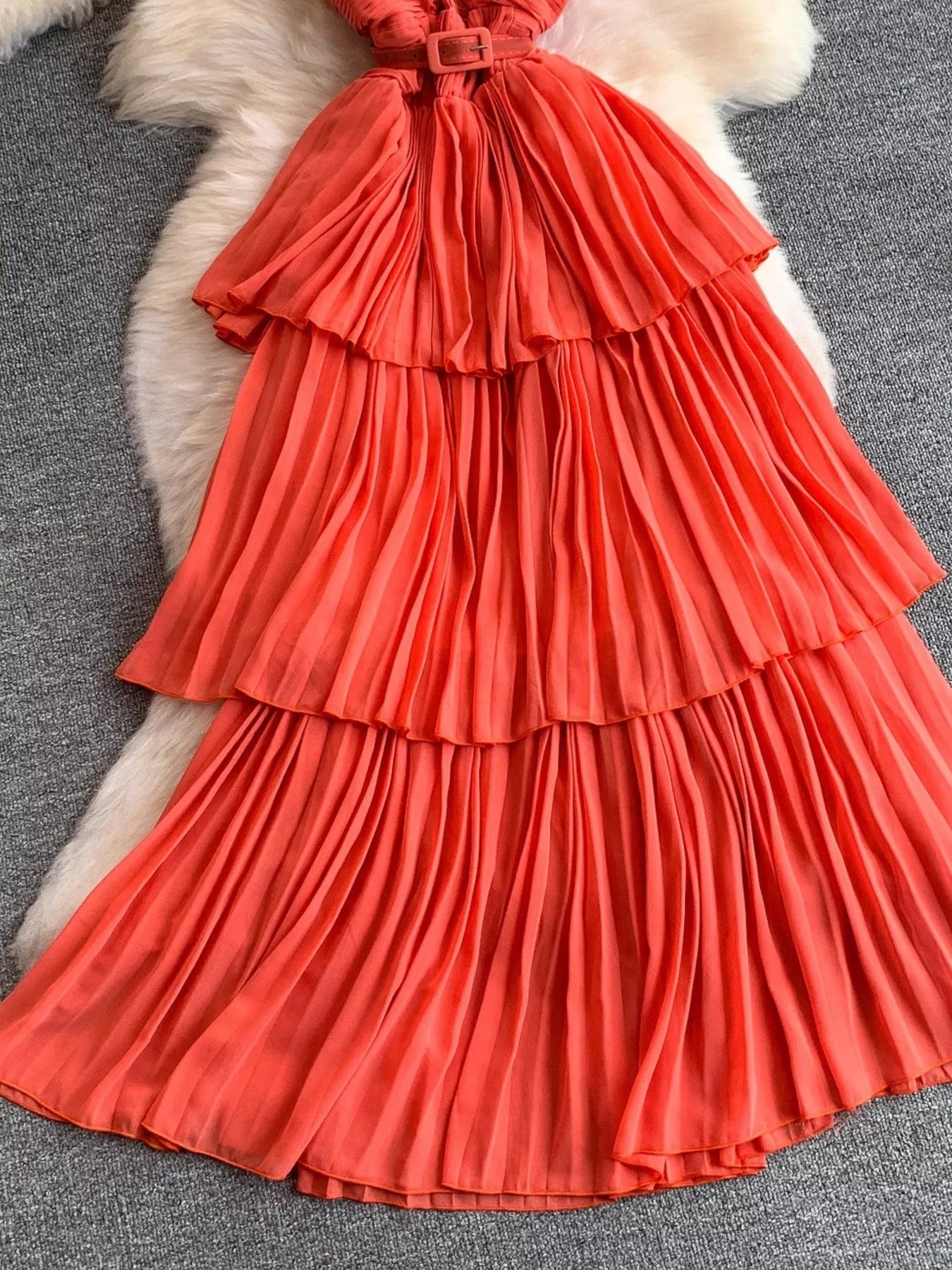 Pleated Layered Spaghetti Strap Midi Dress