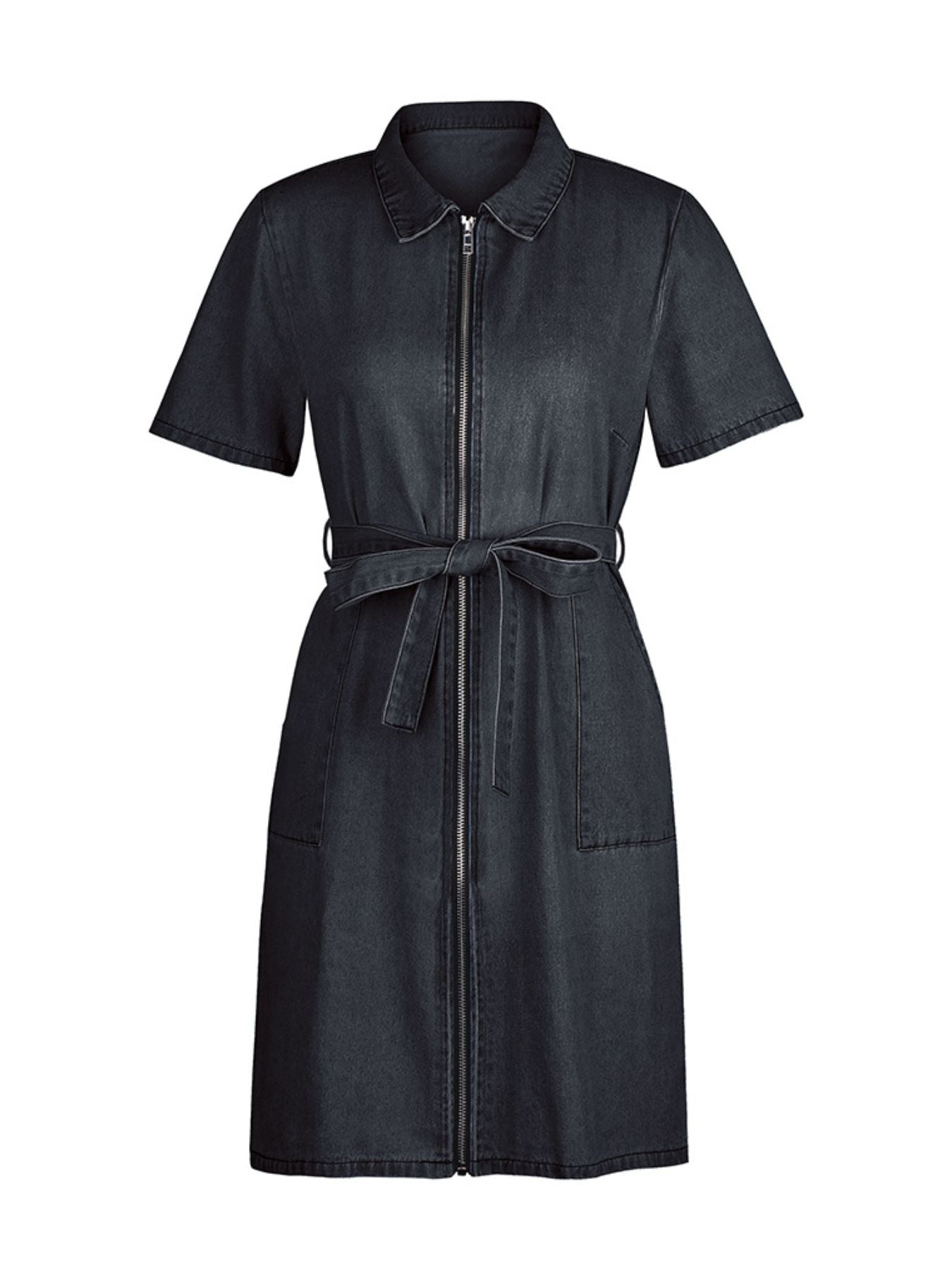 Zip Front Short Sleeve Denim Dress