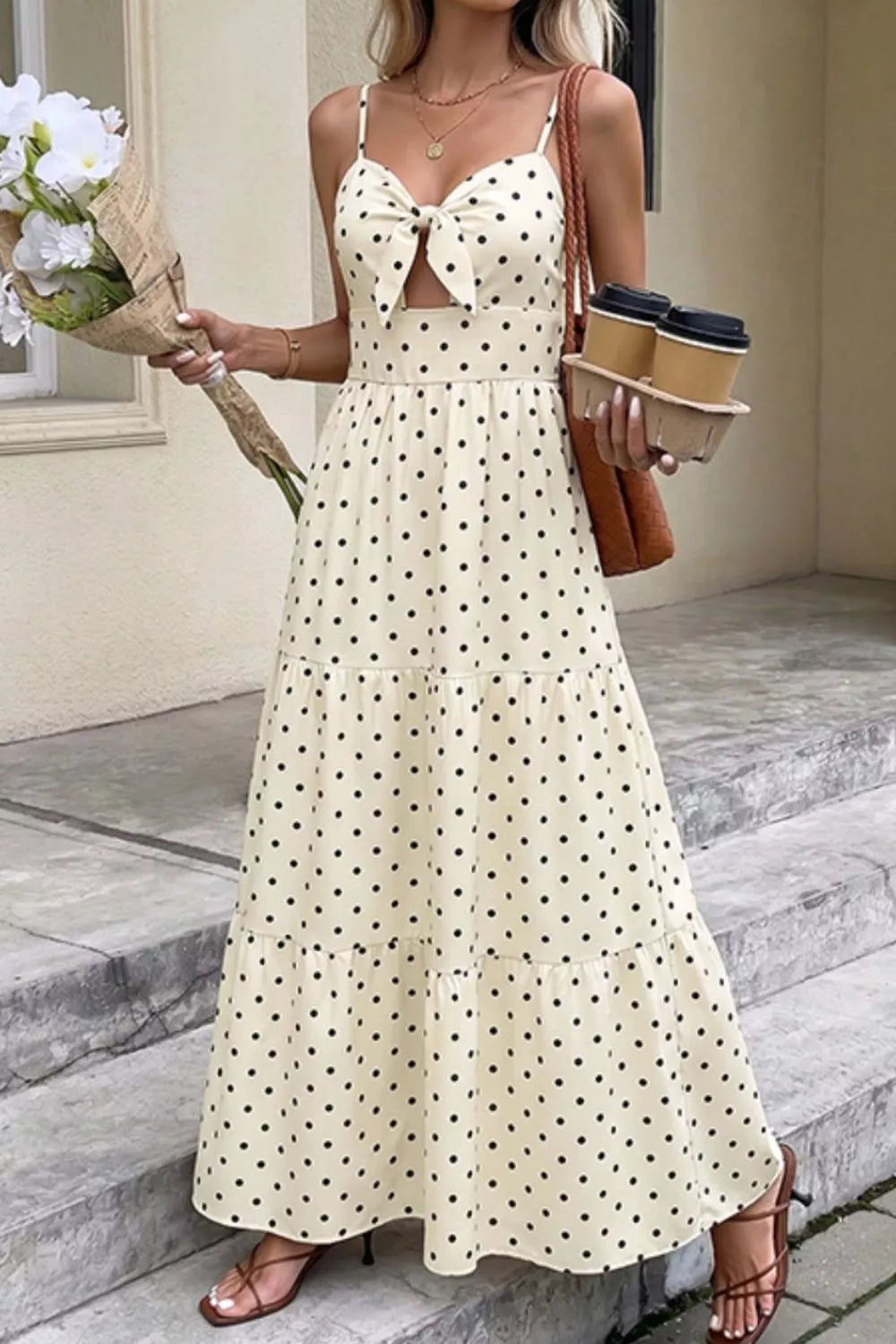Polka Dot Tie-Front Cutout Maxi Dress