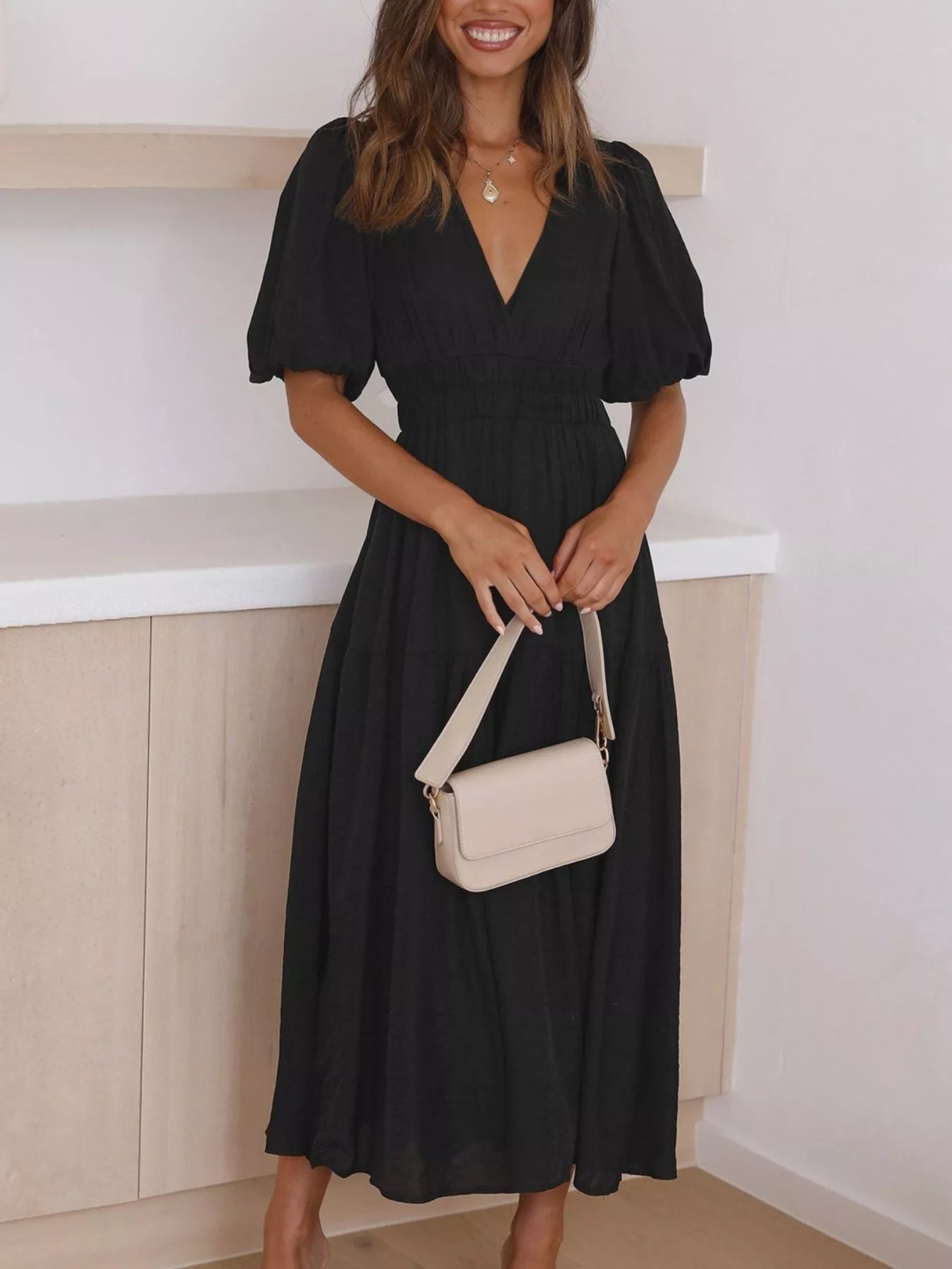 V-Neck Puff Sleeve Midi Dress