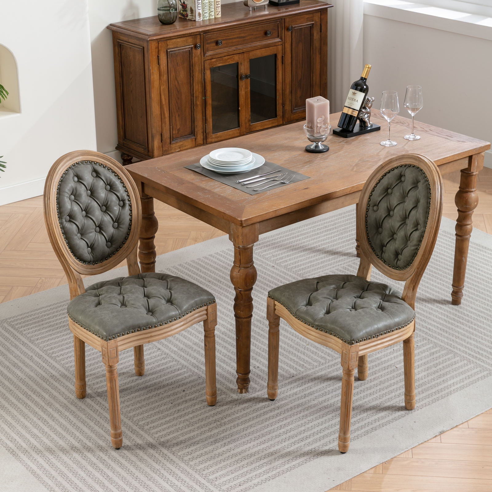 French Style Solid Wood Frame Antique Painting, Hand-Pulled Buckle Decoration Artificial Dining Chair With Nailhead Trim, Wood Legs