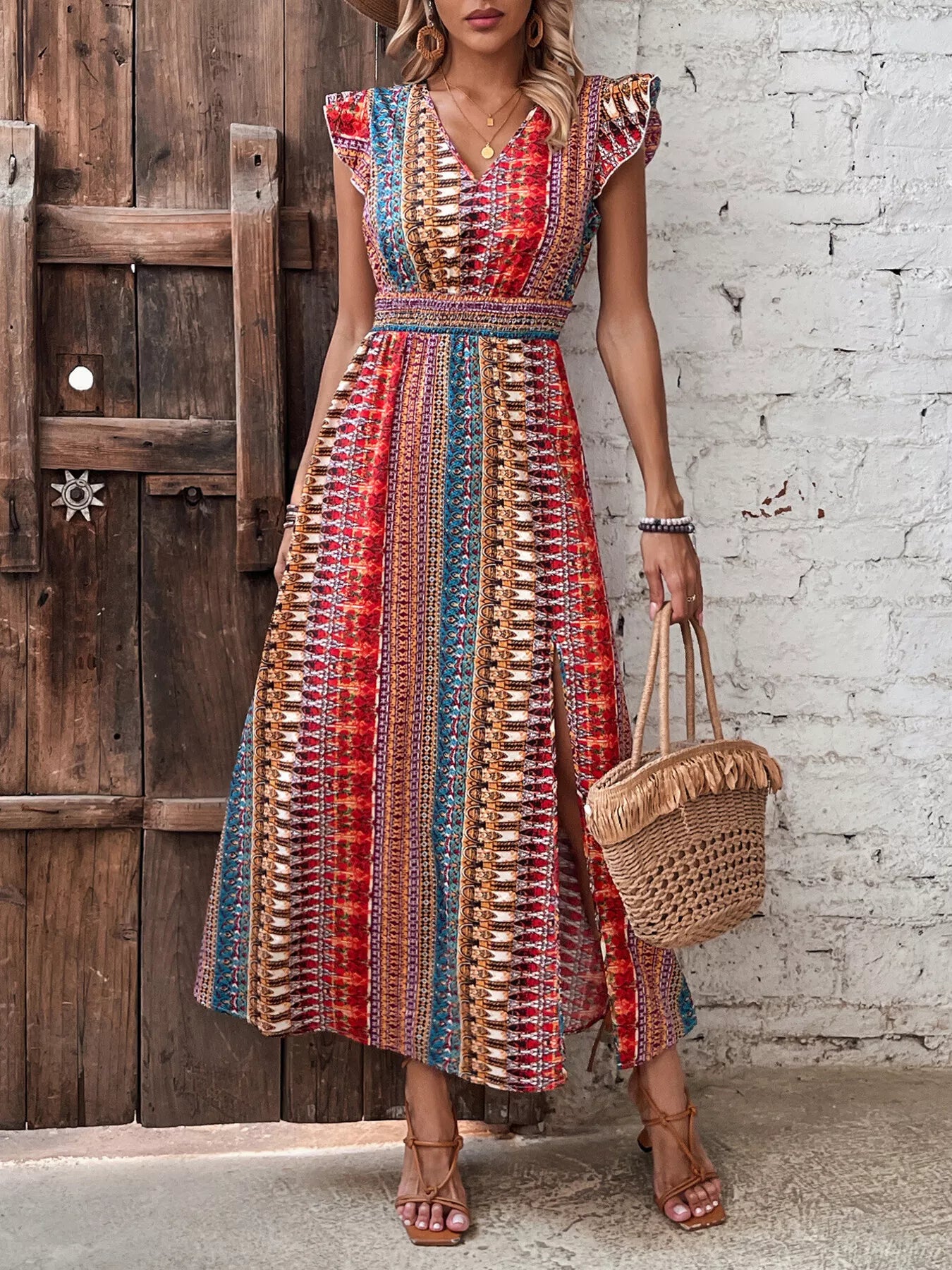 Boho Print Ruffle Sleeve Slit Dress