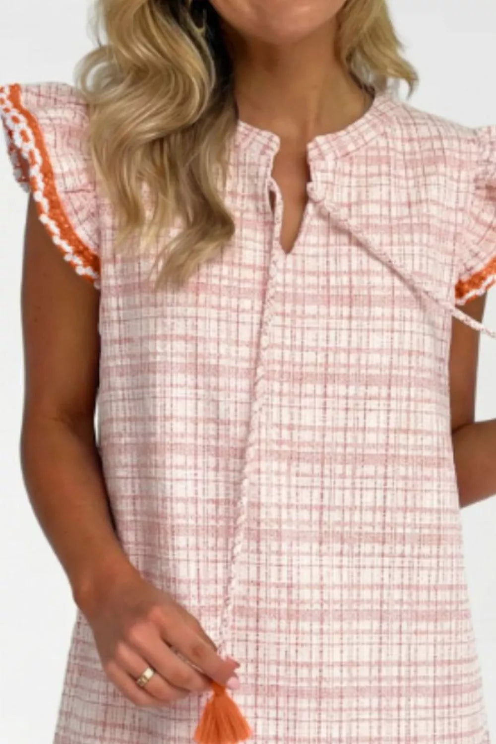 Jacquard Textured Contrast Trim Short Sleeve Tassel Tie Shift Dress