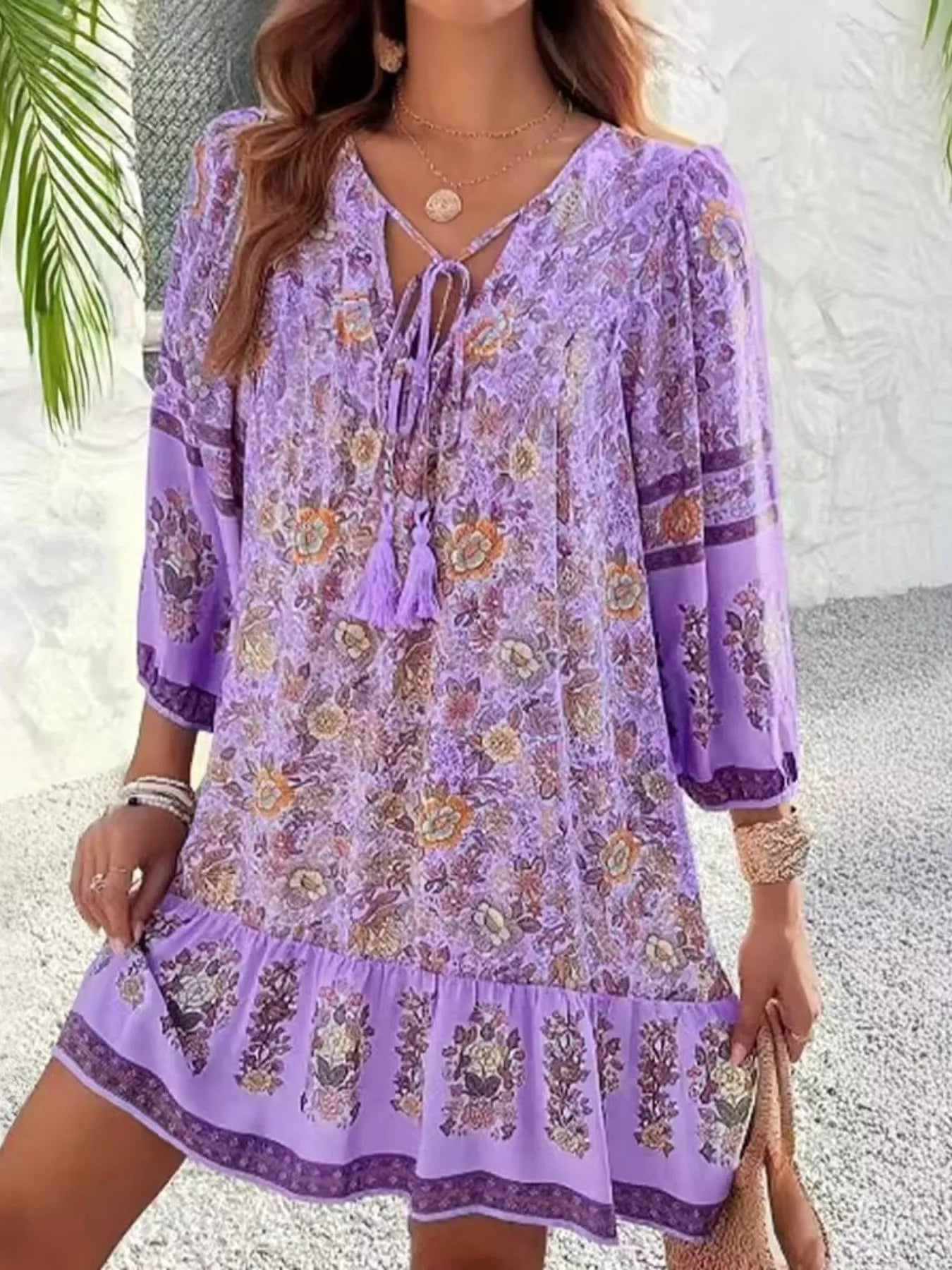 Floral Print Tassel Tie Neck Mini Dress