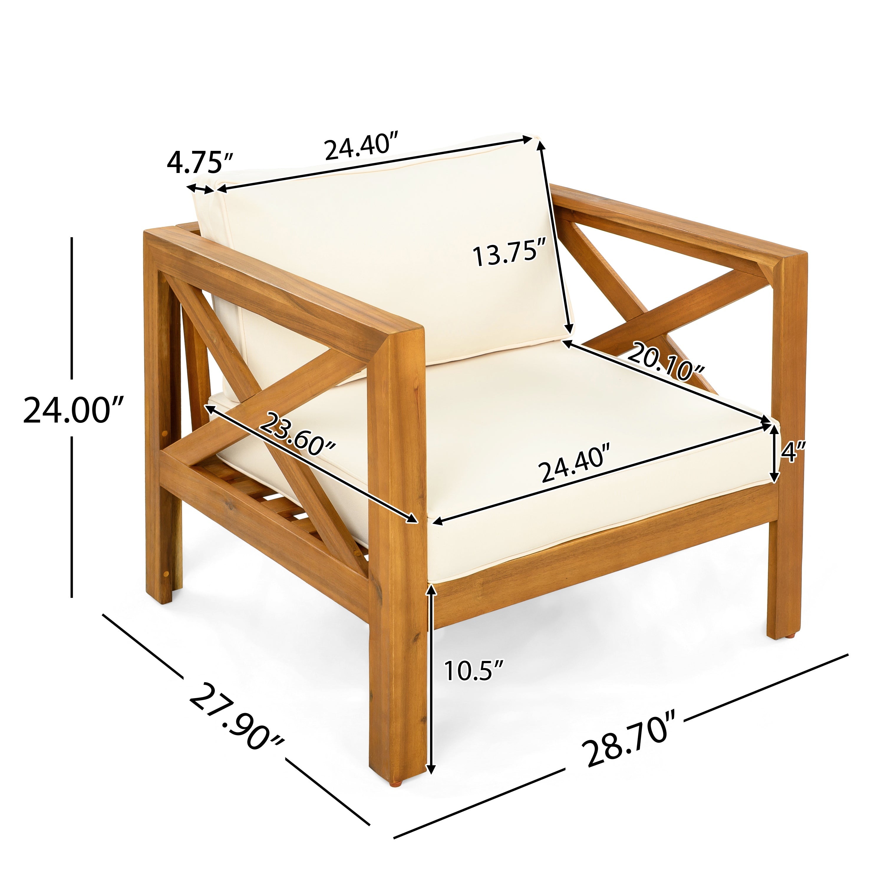 Outdoor Acacia Wood Club Wooden Armchair with Cushions (Set of 4)