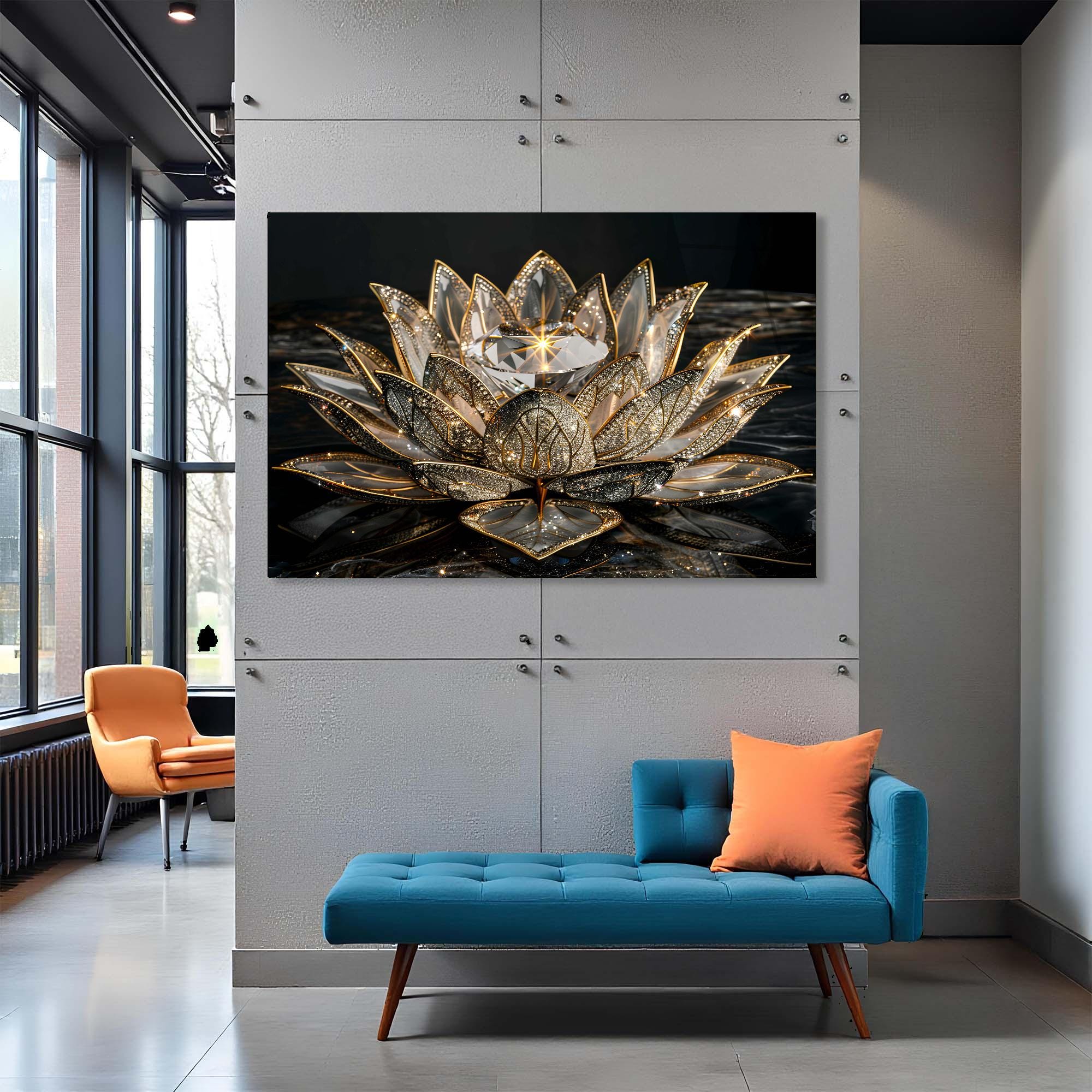 Golden Lotus Tempered Glass Wall Art | Serenity Home Decor