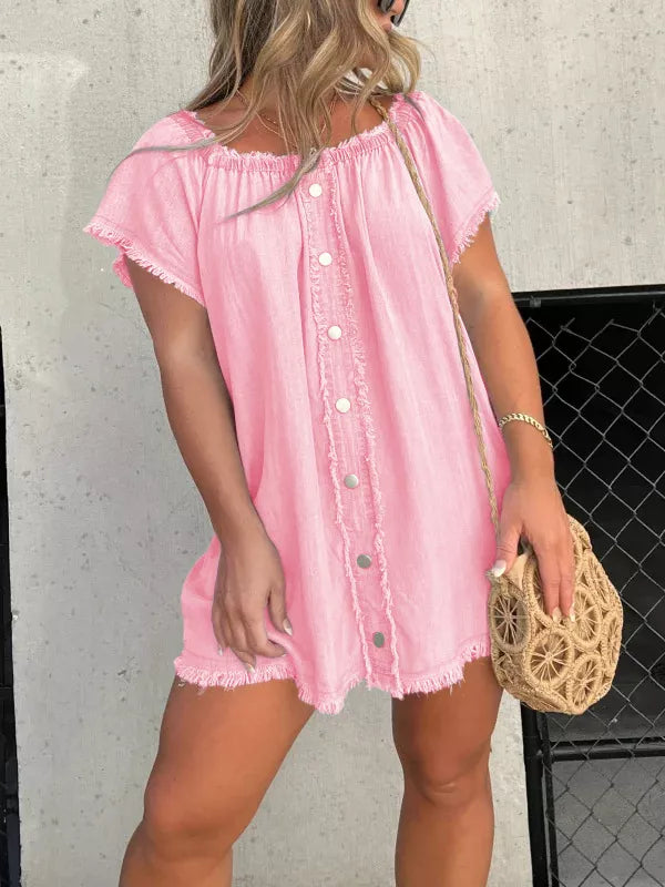 Full Size Off-Shoulder Button-Down Frayed Denim Dress Plus Size