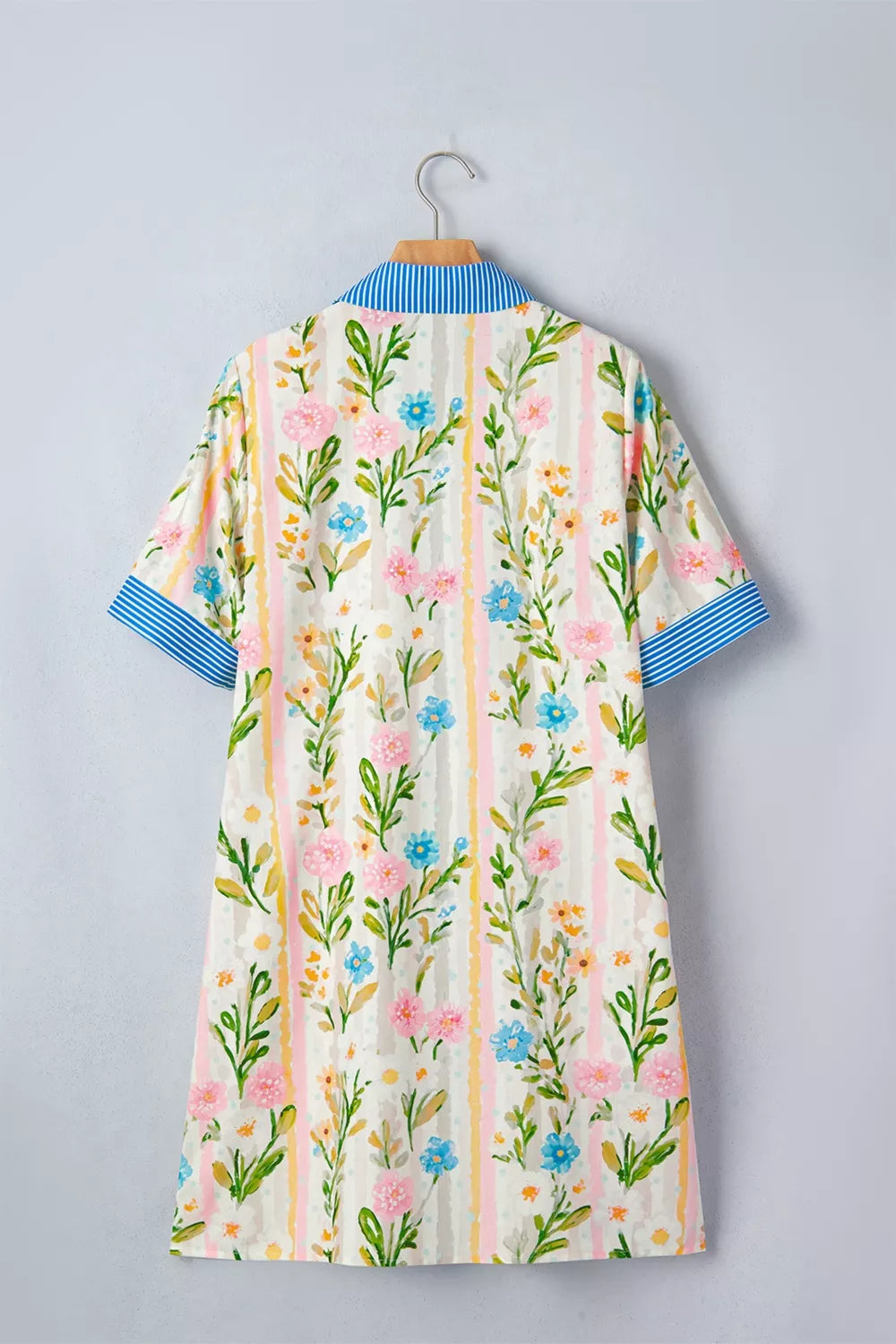 Multicolour Floral Print Striped Trim Button Down Shift Dress