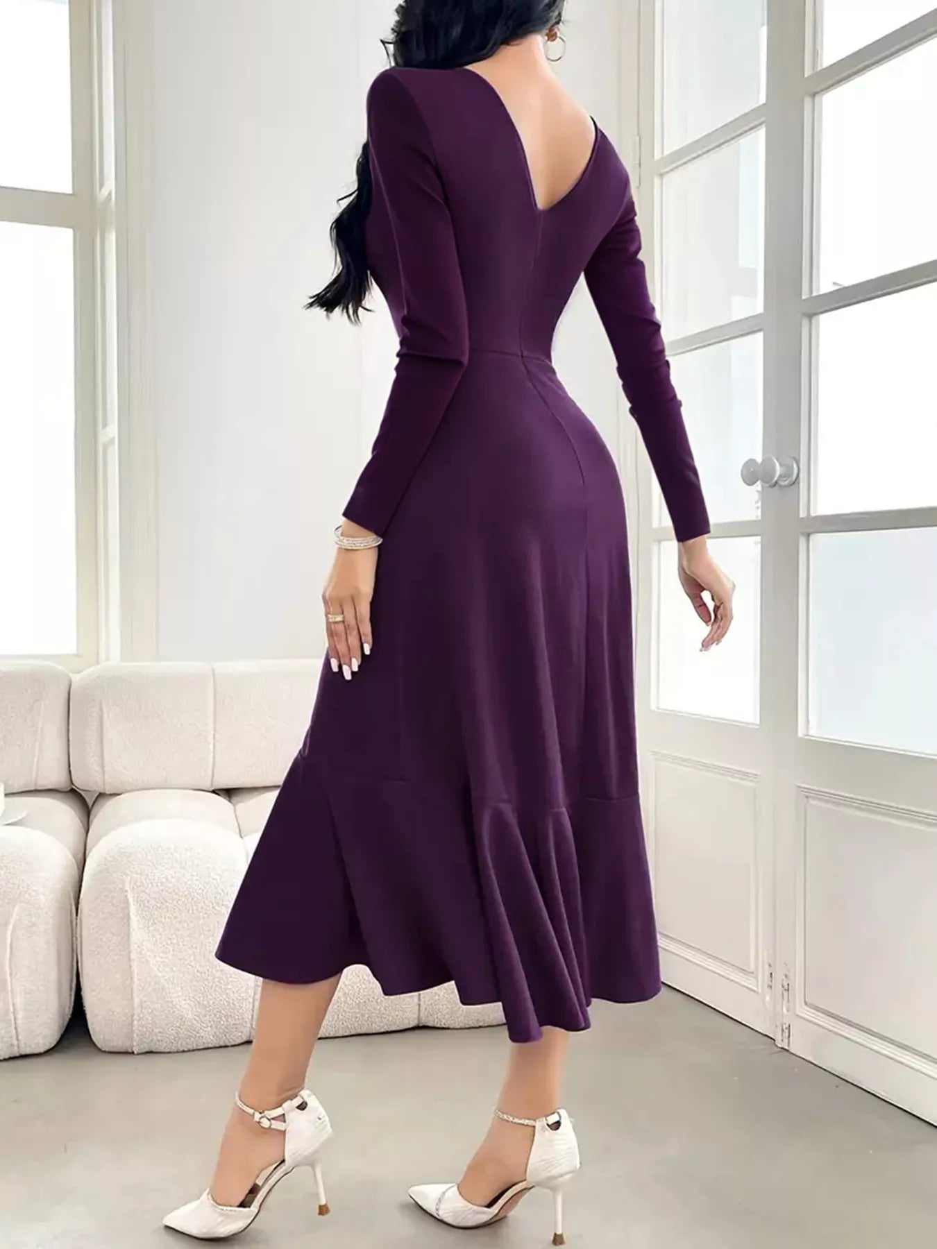 Ruffle Hem Long Sleeve Midi Dress