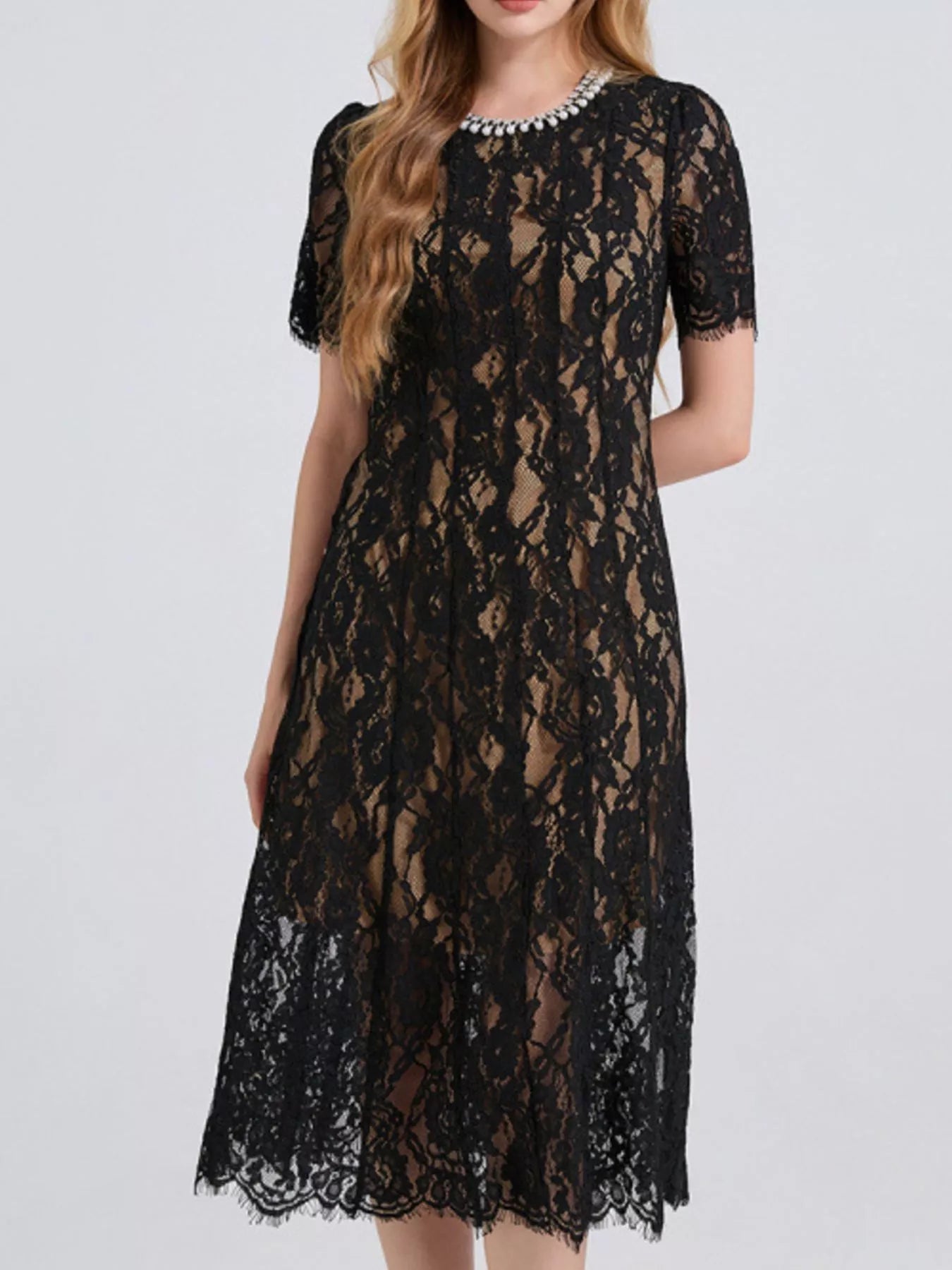 Lace Pearl Neckline Midi Dress