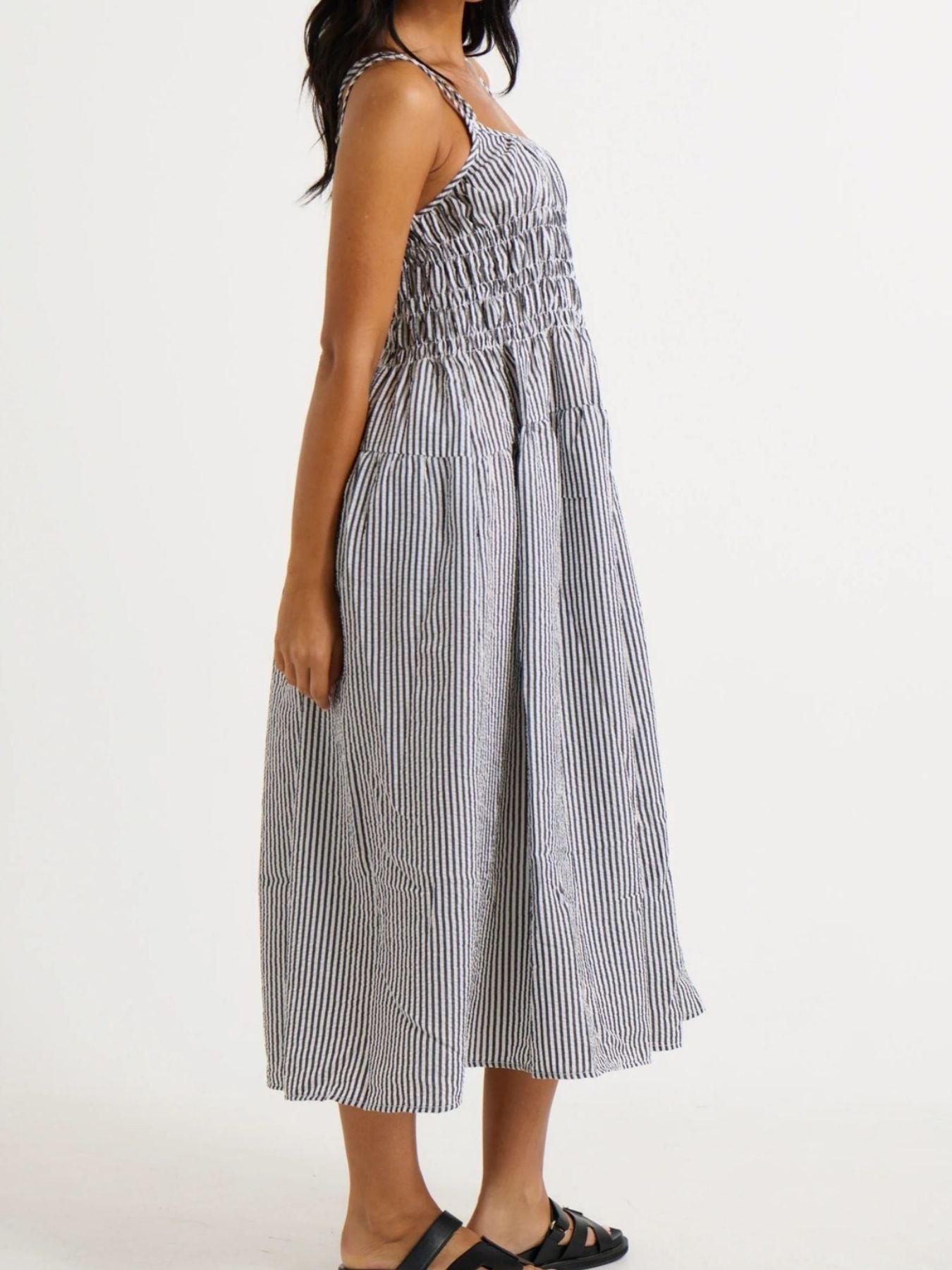 Striped Smocked Bodice Midi Dress