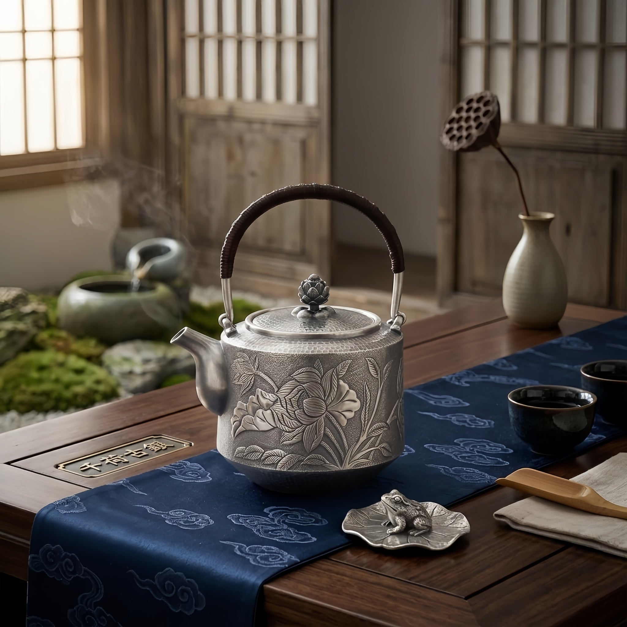 Pure 999 Fine Silver Elegant  Teapot with Handcrafted Floral Engraving, Hammered Texture, and Lotus Lid-Fine Teapot with Handle - Handicraft