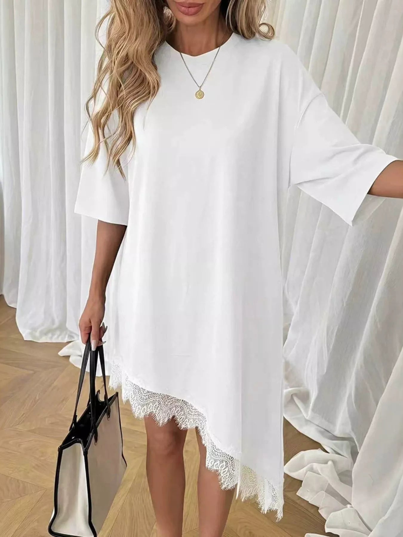 Lace Trim Asymmetrical Hem T-shirt Dress