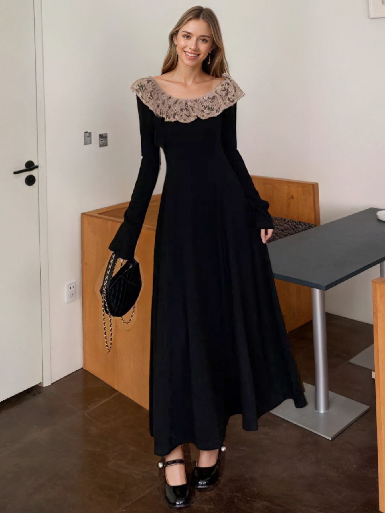 Lace Collar Long Sleeve Dress