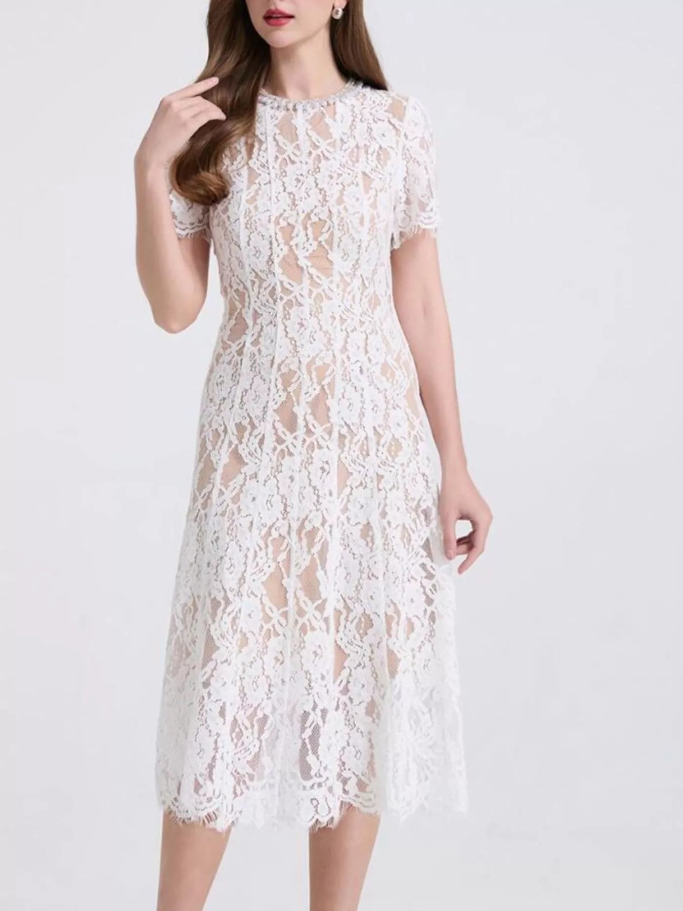 Lace Pearl Neckline Midi Dress