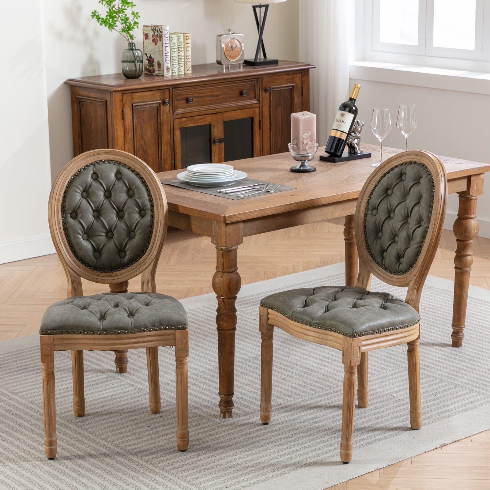 French Style Solid Wood Frame Antique Painting, Hand-Pulled Buckle Decoration Artificial Dining Chair With Nailhead Trim, Wood Legs