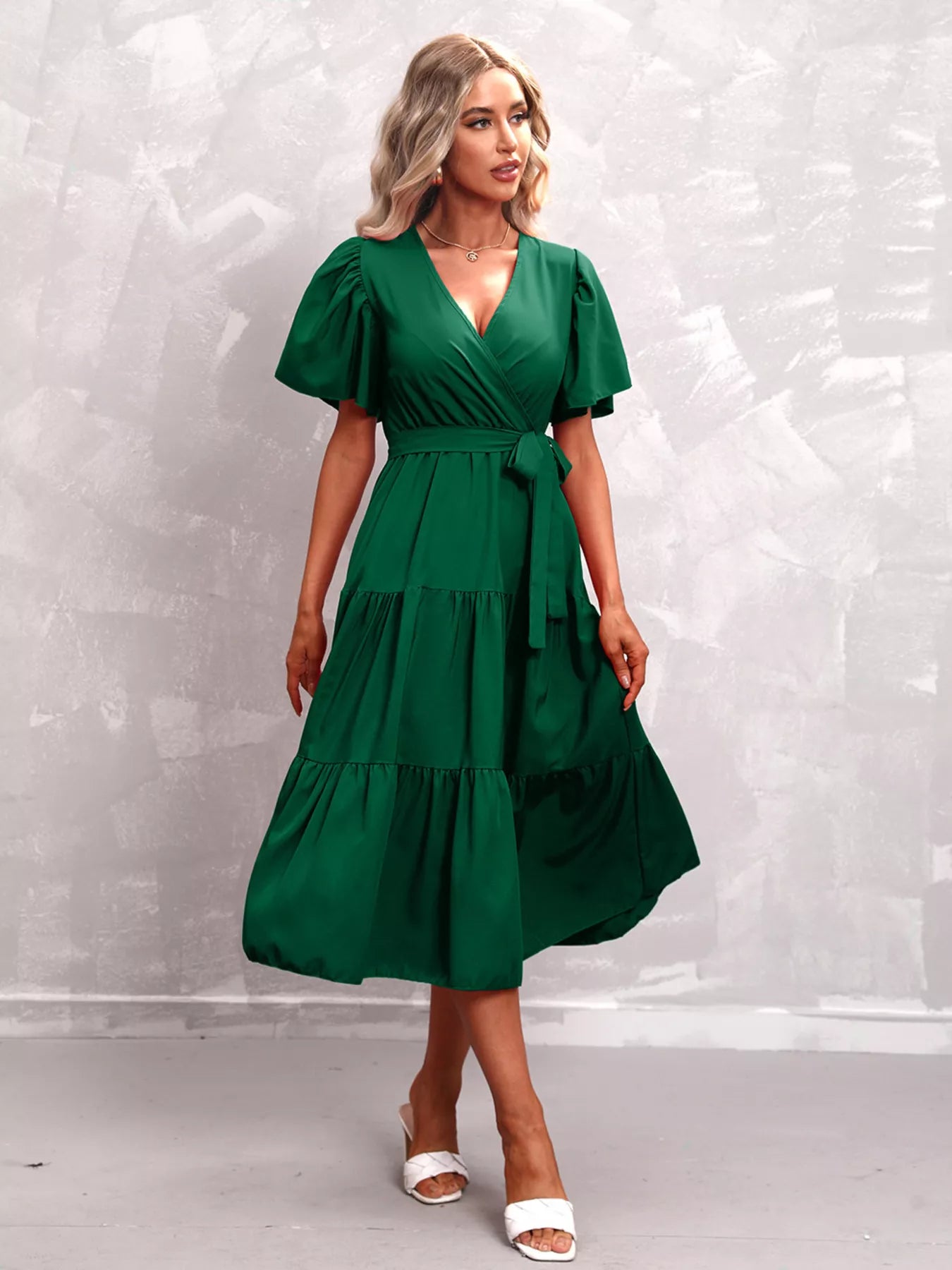 Flutter Sleeve Tiered Midi Dress