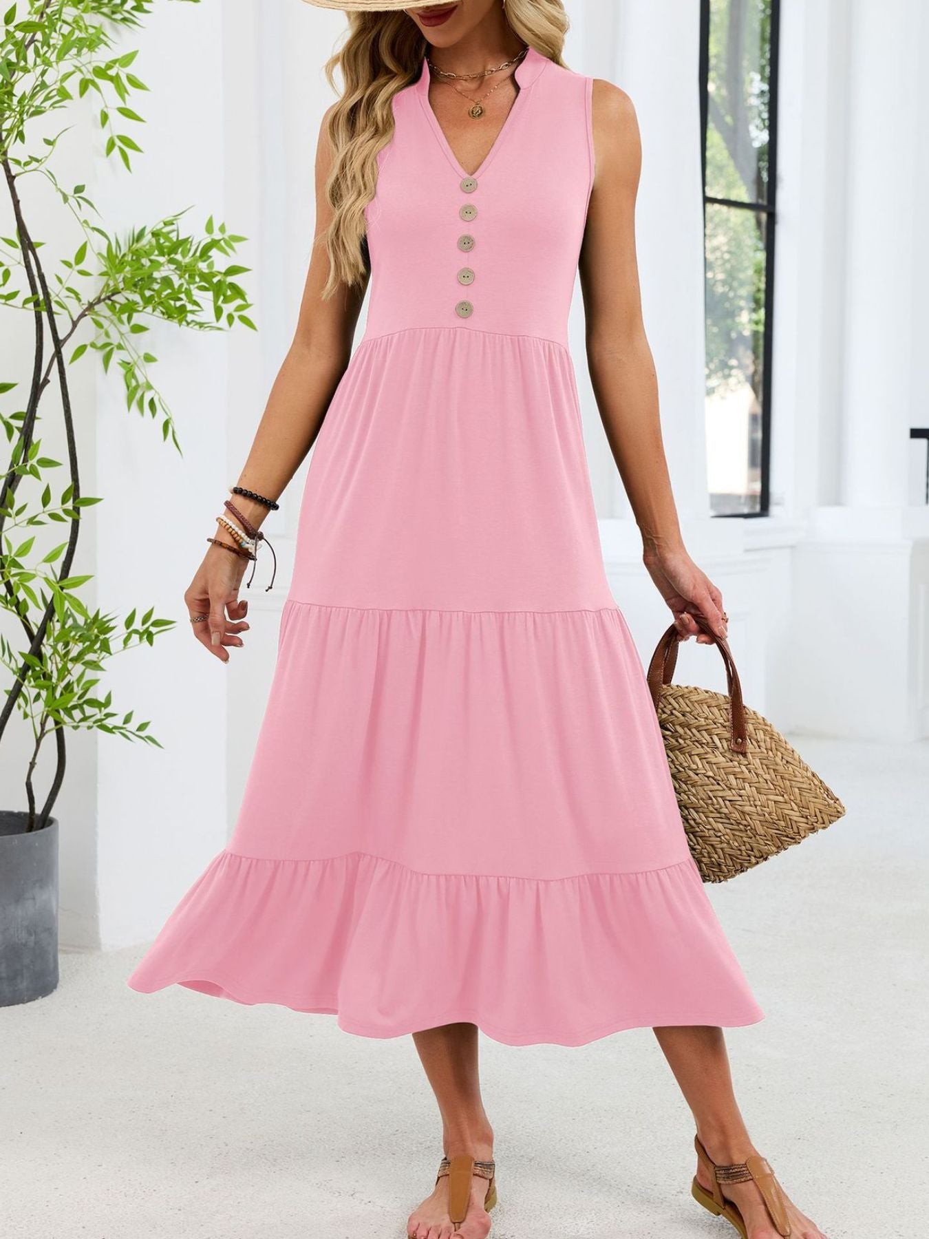 Sleeveless Notched Tiered Midi Dress