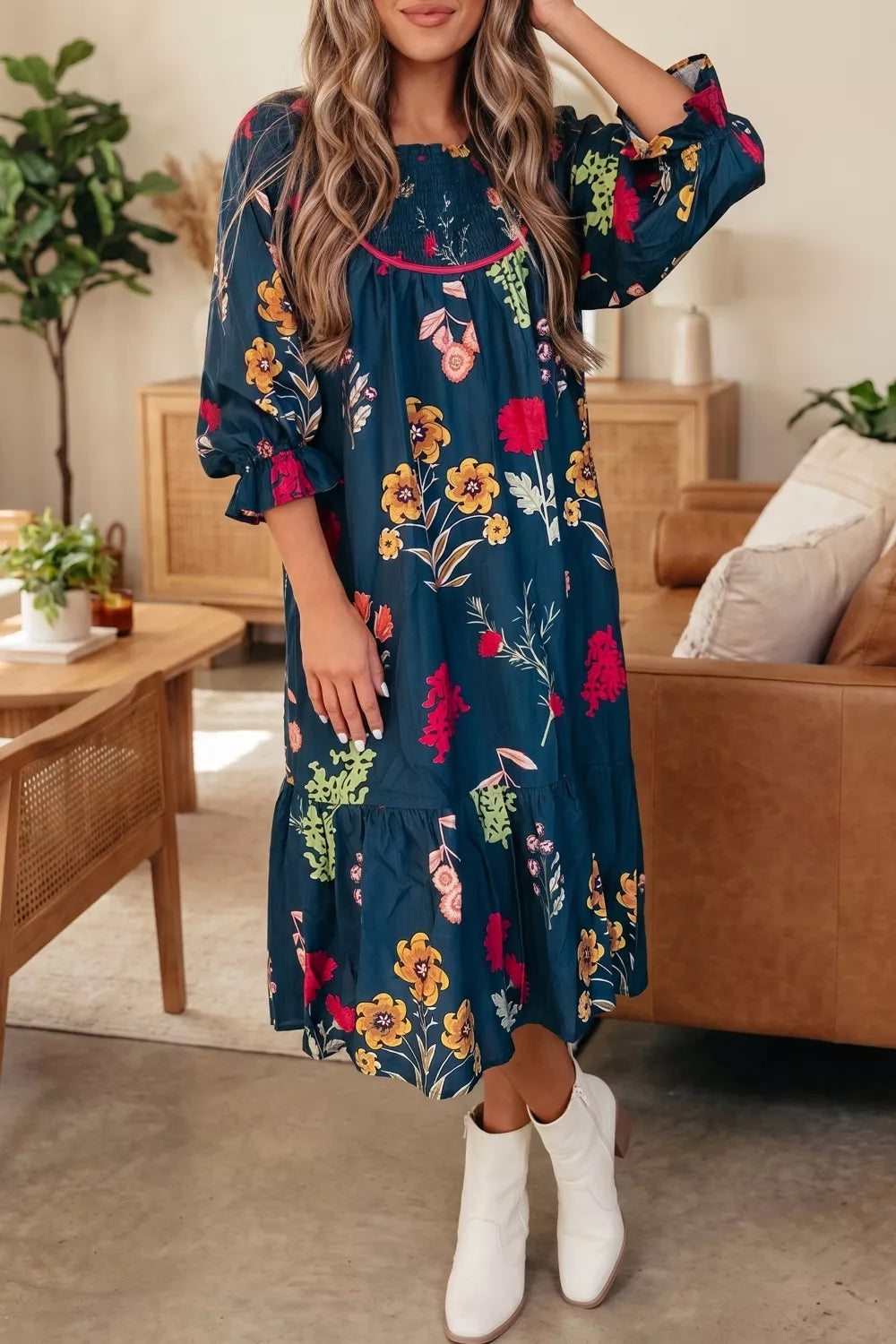 Floral Print Gathered Neckline 7/8 Sleeve Casual Midi Dress