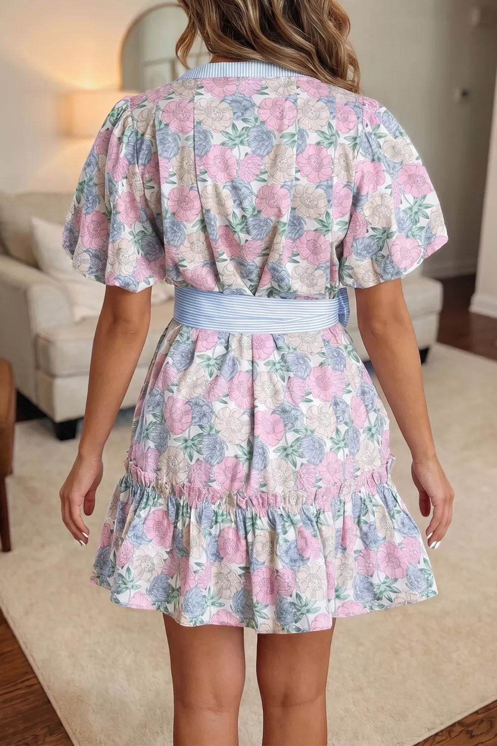 Floral Print Striped Contrast Trim Belted Short Dress