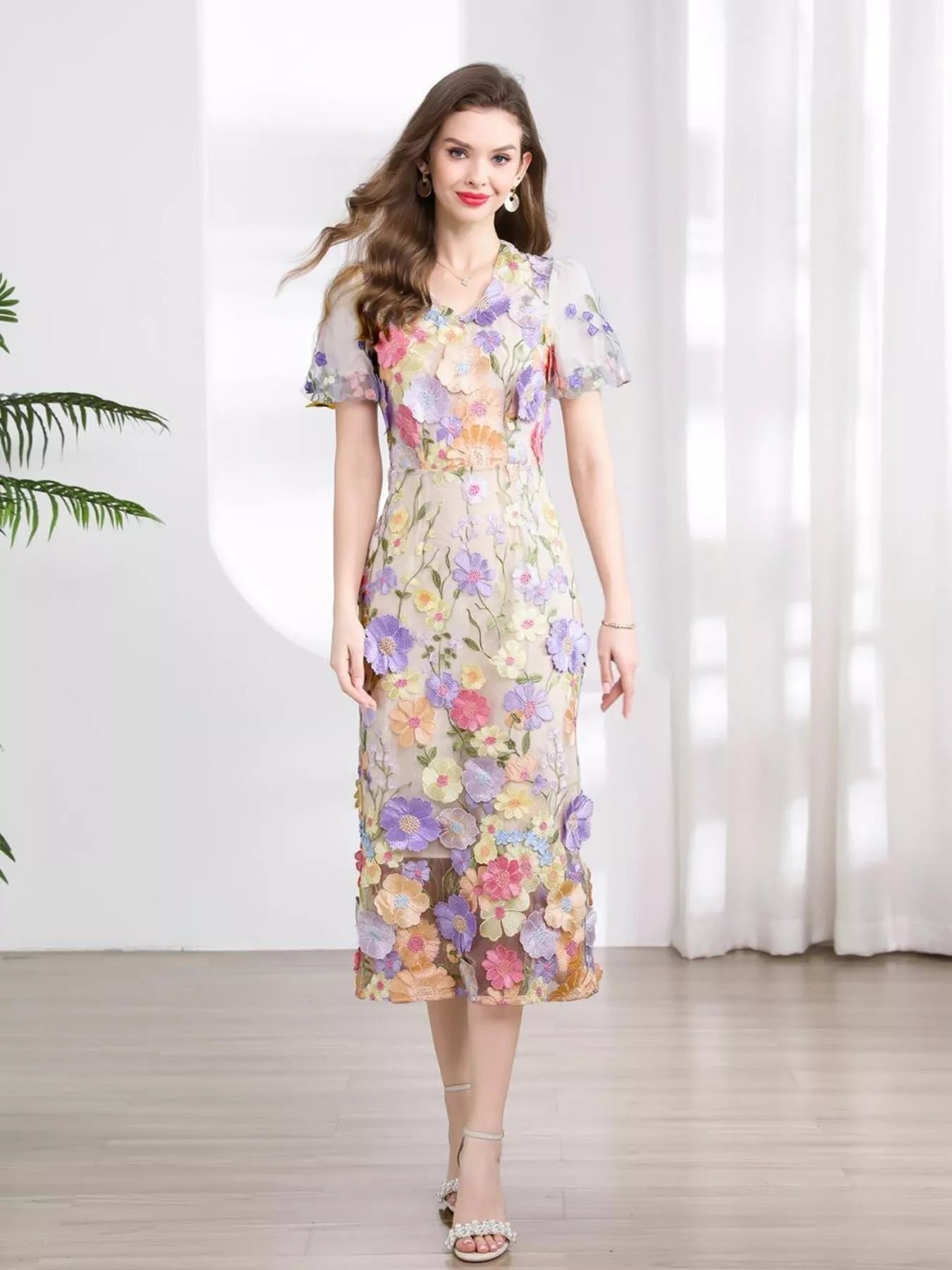 Floral Embroidered Puff Sleeve Midi Dress