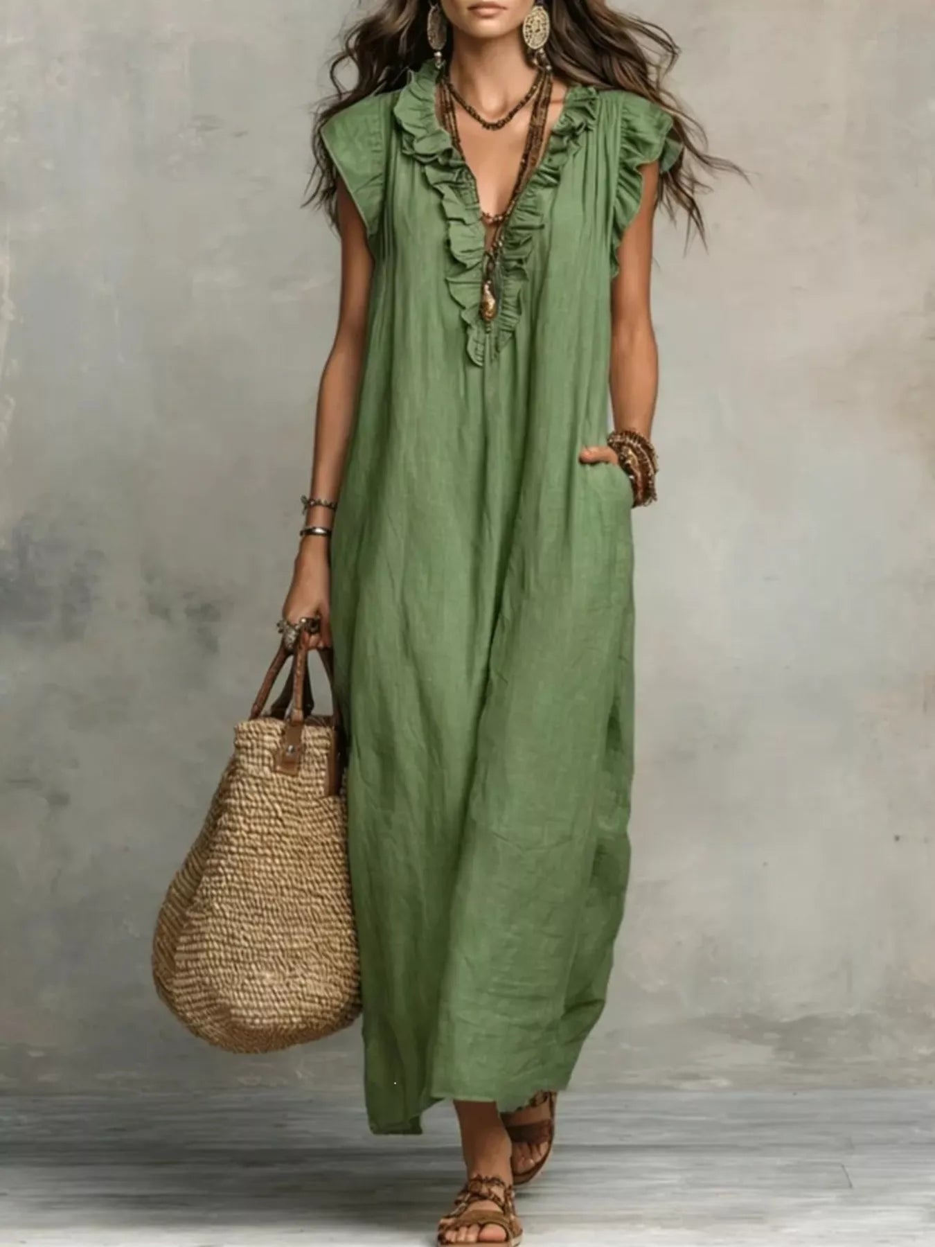 Ruffled V-Neck Maxi Dress