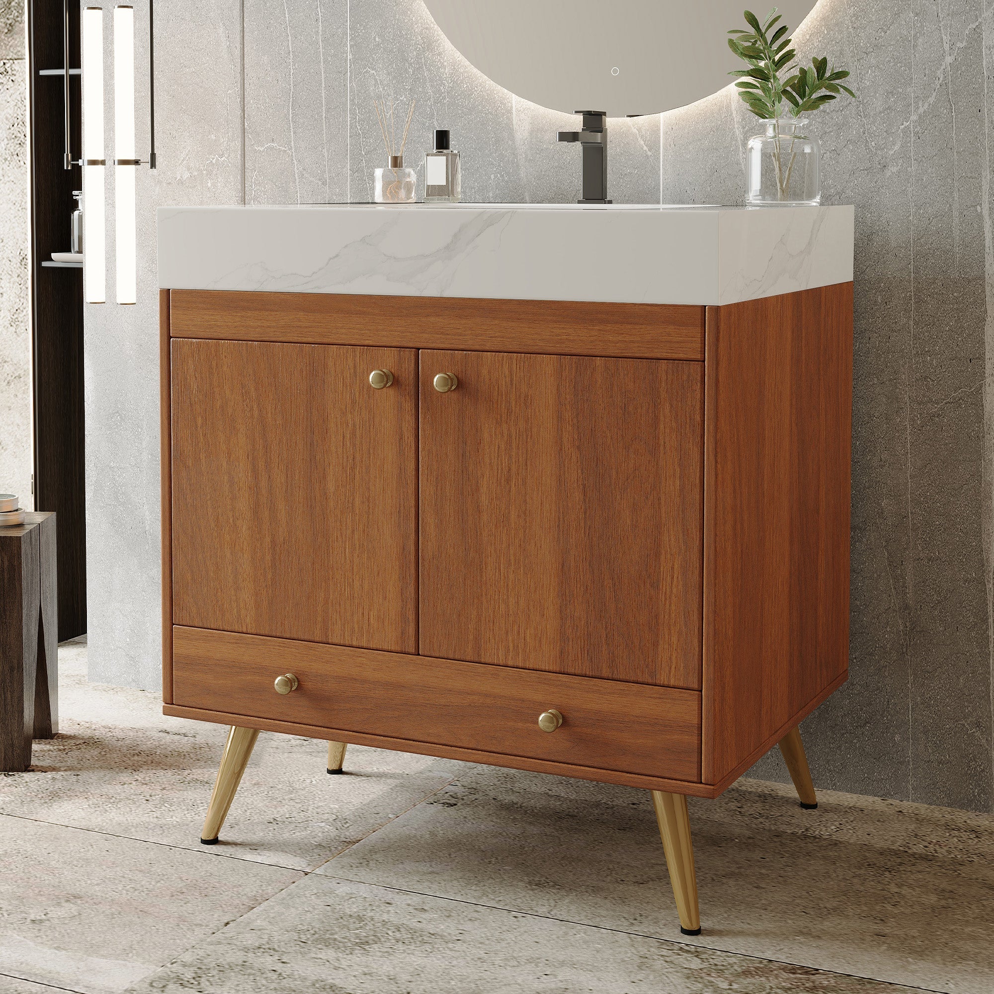 Mid-Century Freestanding Bathroom Vanity with Faux Marble Top