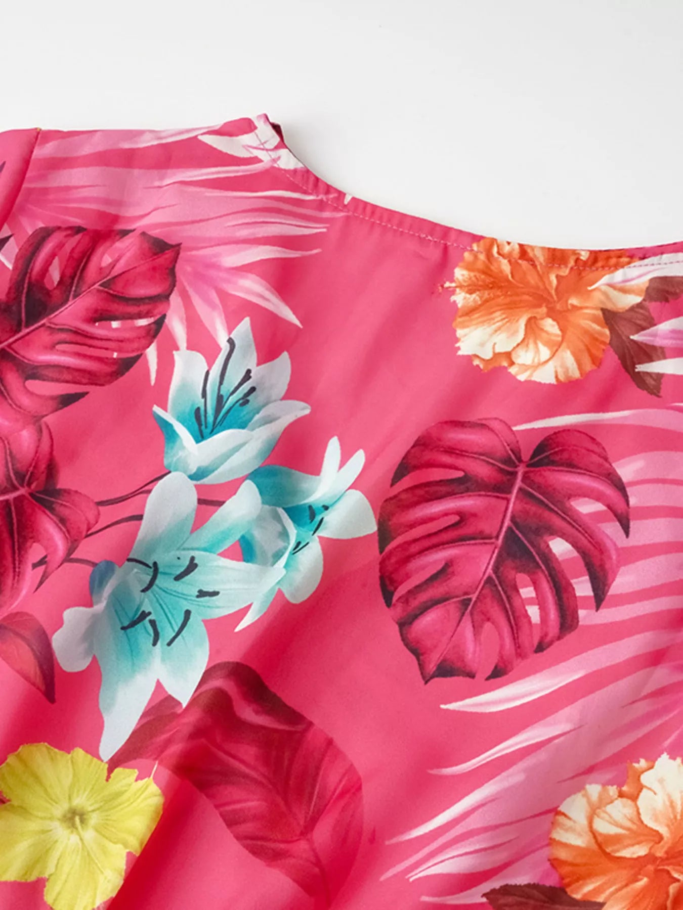 Pleated Tropical Print Belted Midi Dress