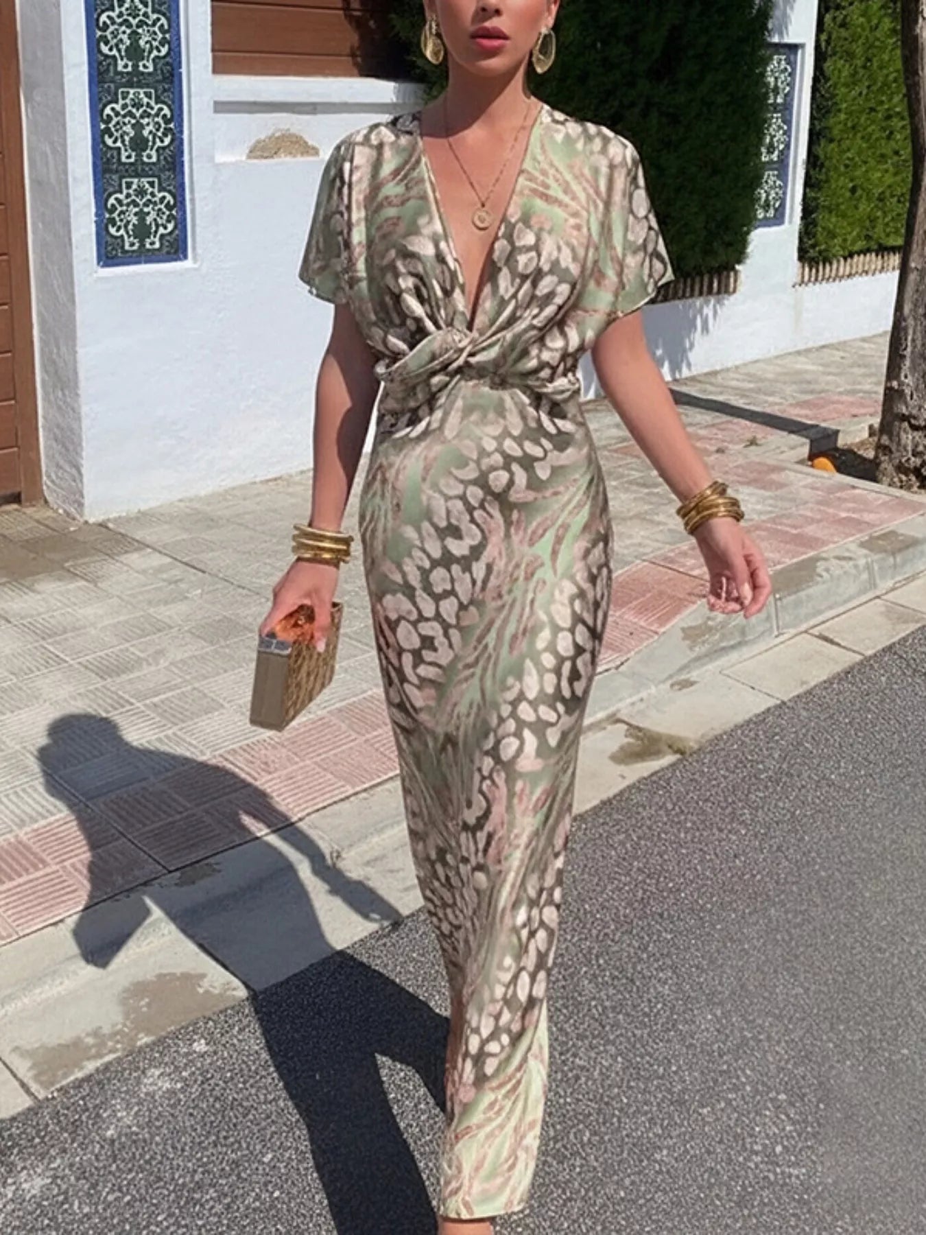 Full Size Twist-Front Animal Print Maxi Dress Plus Size