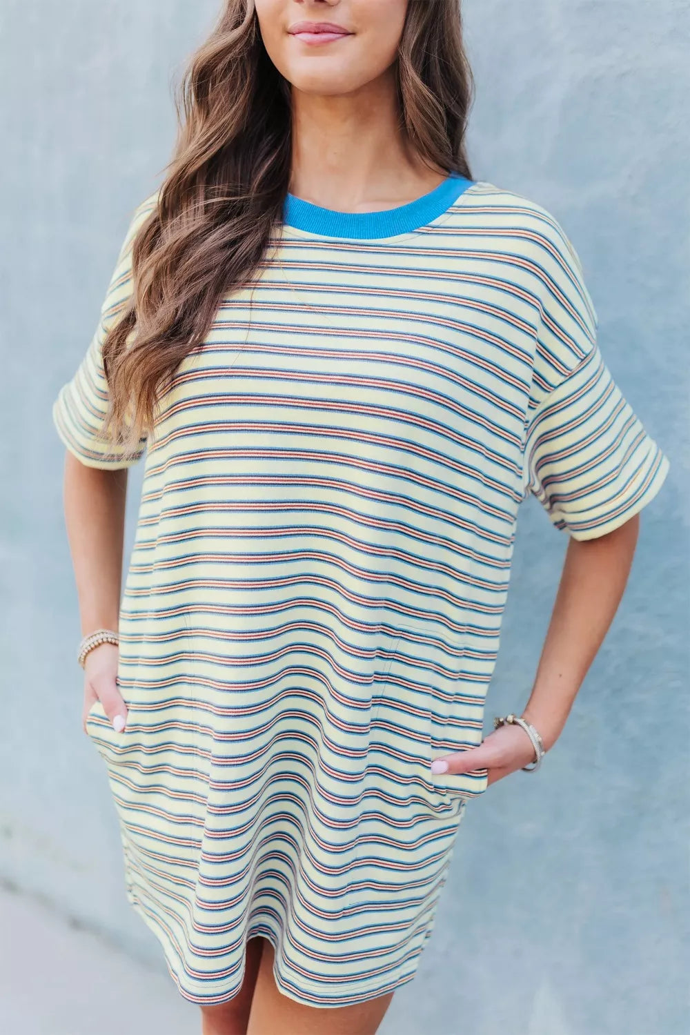 Stripe Drop Shoulder Cuffed Sleeve Loose Tunic T Shirt Mini Dress